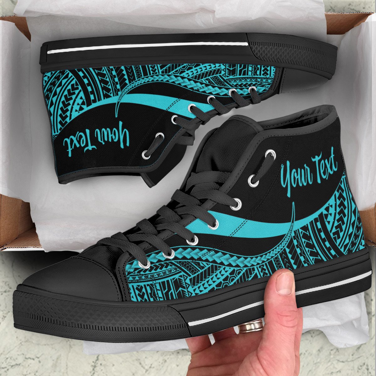 Pohnpei Custom Personalised High Top Shoes Turquoise - Polynesian Tentacle Tribal Pattern Unisex Black - Polynesian Pride