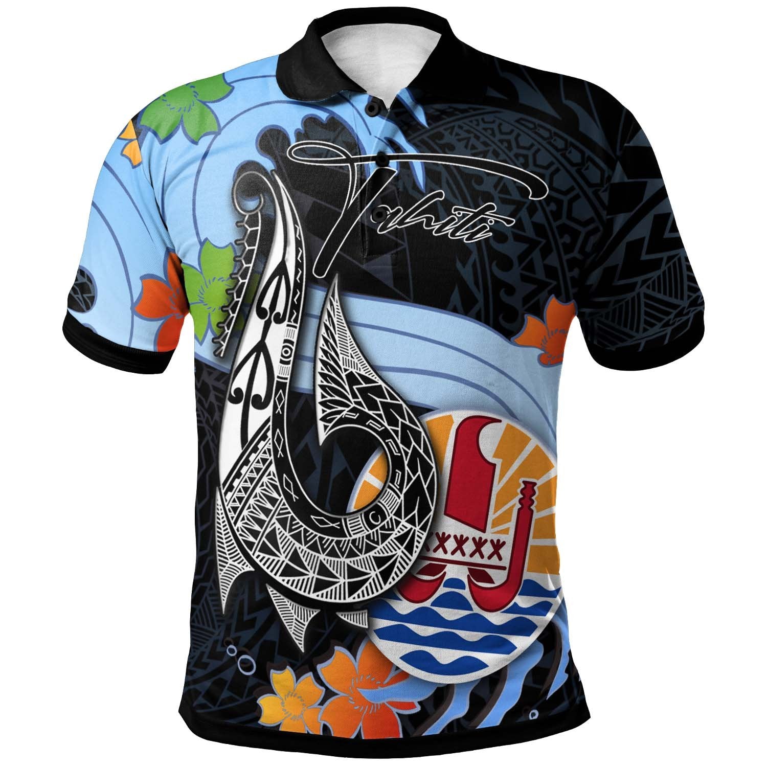 Tahiti Polo Shirt Fish Hooks and Wave Unisex Black - Polynesian Pride