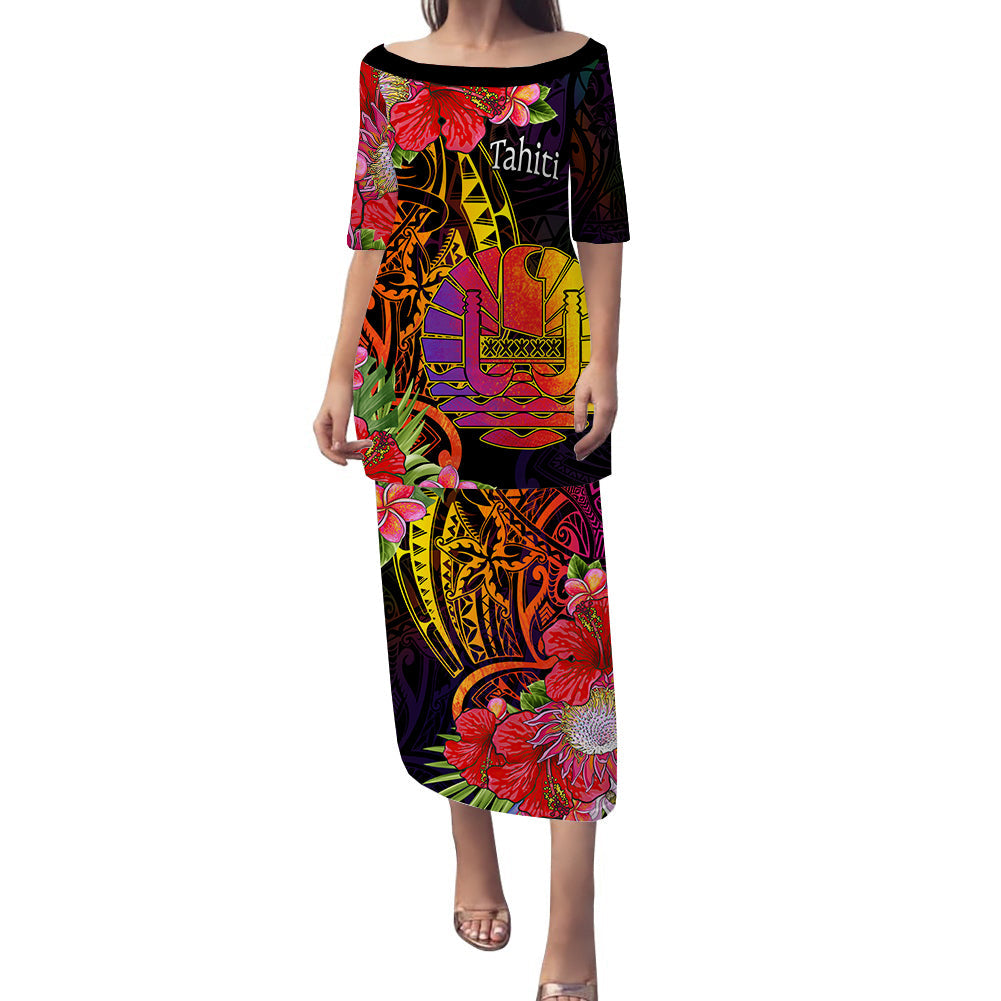 Tahiti Puletasi Dress Tropical Hippie Style LT14 Black - Polynesian Pride