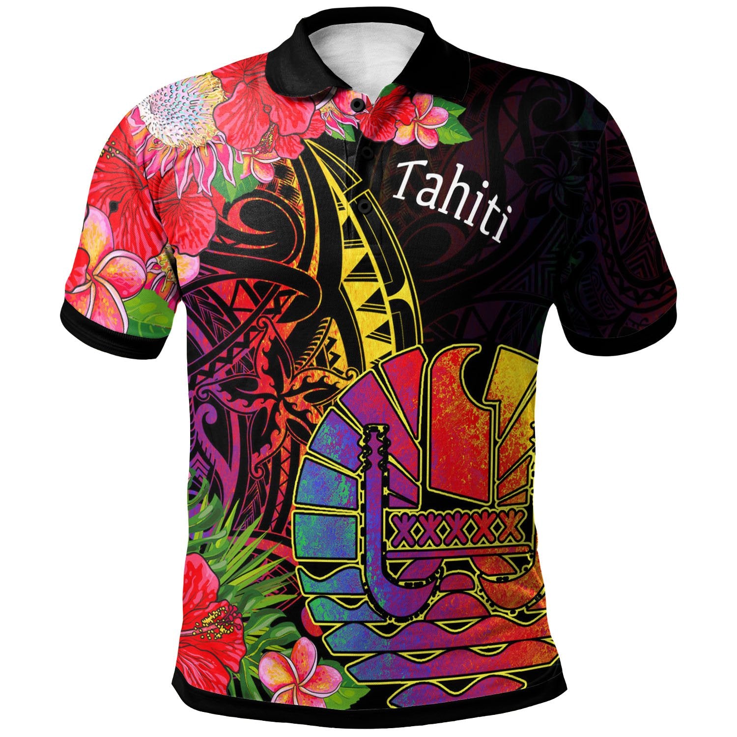 Tahiti Polo Shirt Tropical Hippie Style Unisex Black - Polynesian Pride