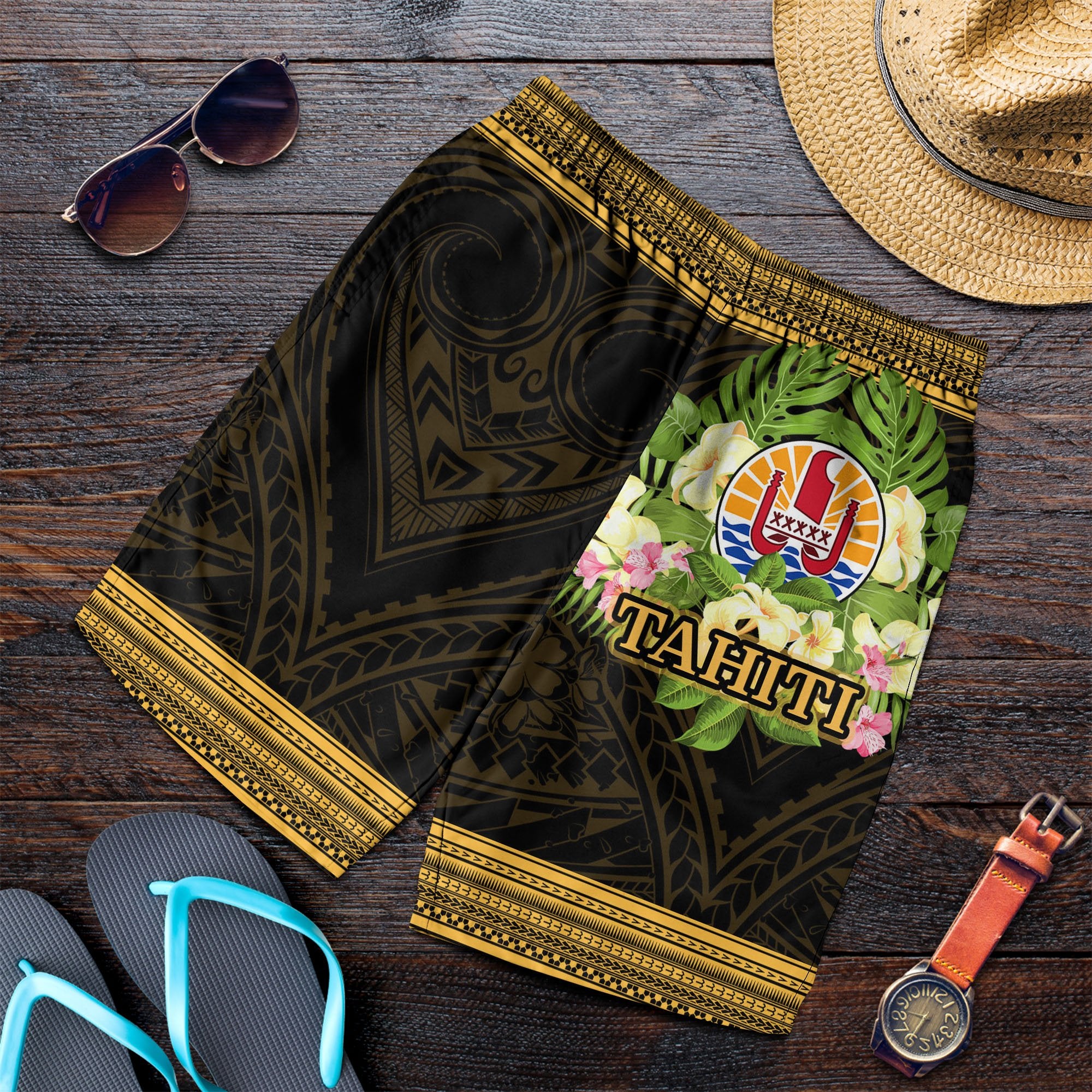 Tahiti Men's Shorts - Polynesian Gold Patterns Collection Black - Polynesian Pride