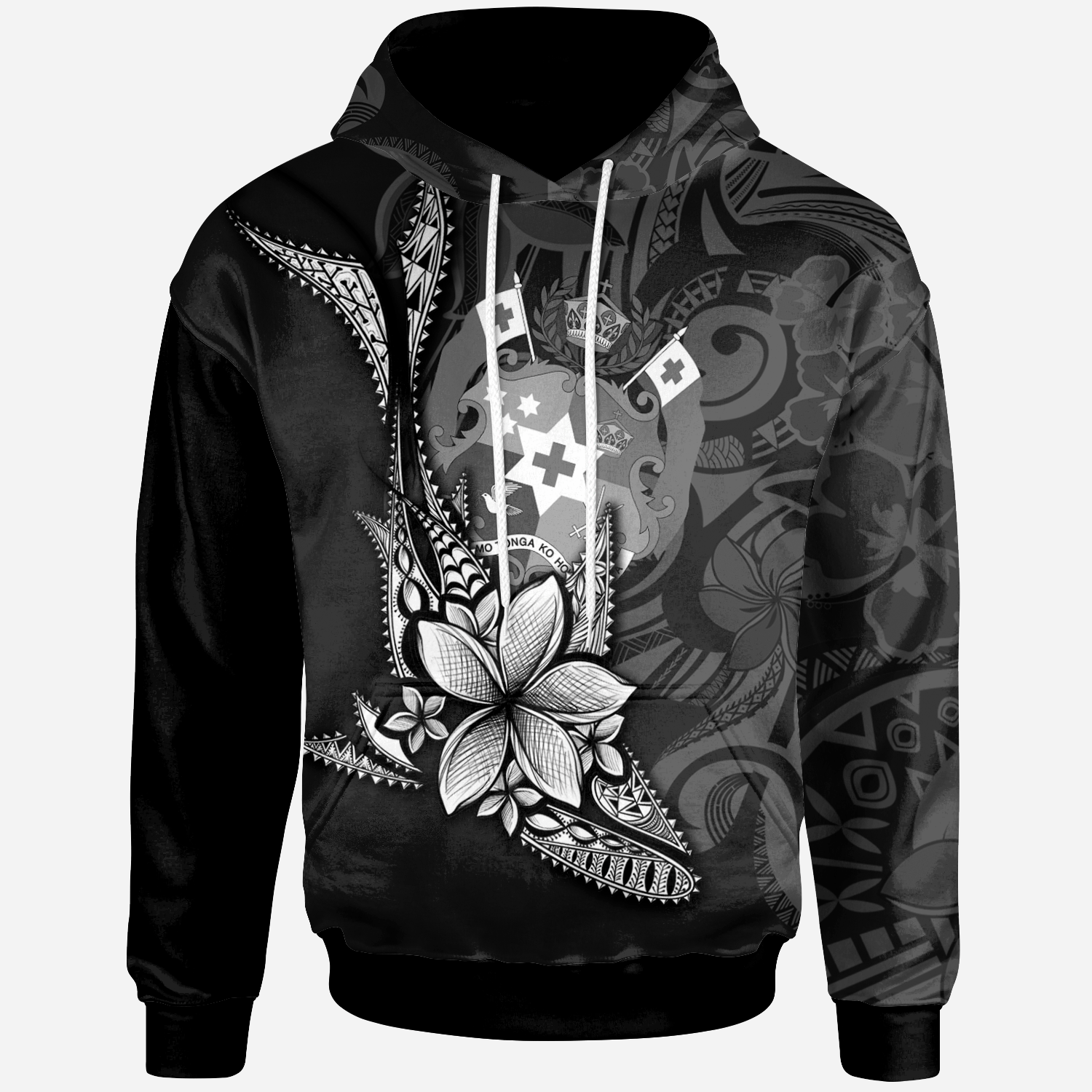 Tonga Hoodie Fish With Plumeria Flowers Style Unisex Black - Polynesian Pride