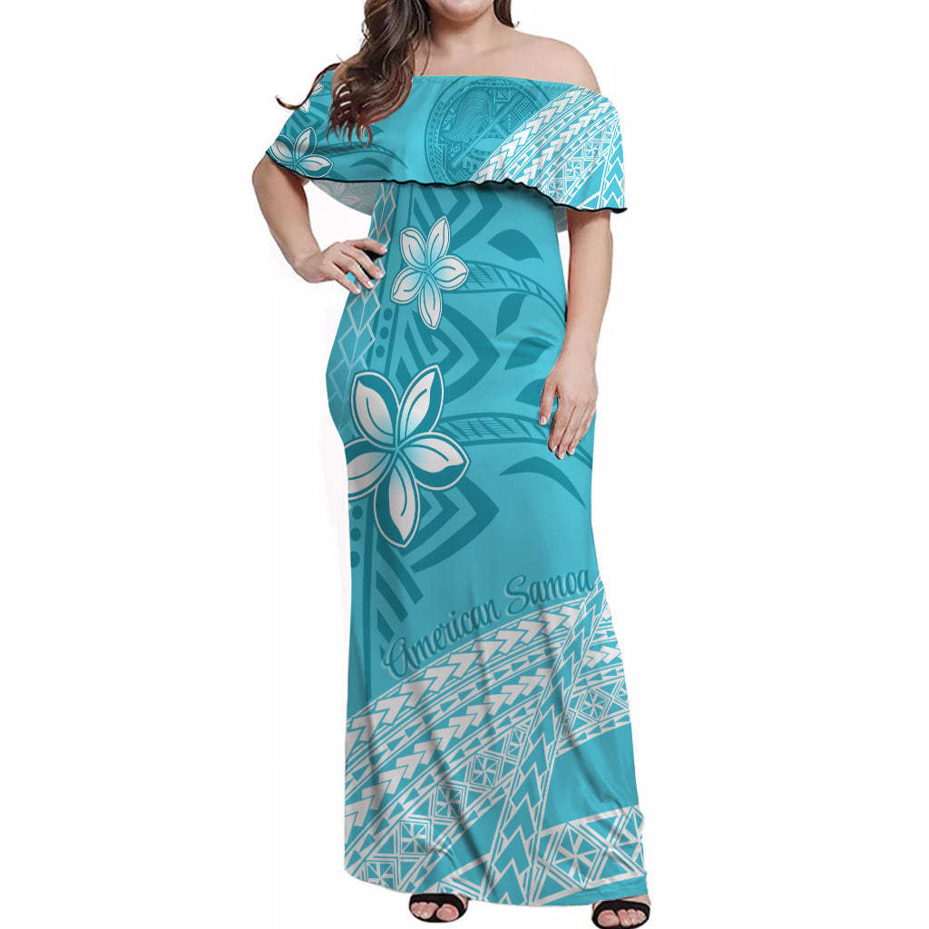 American Samoa Floral Design Off Shoulder Long Dress Plumeria - Turquoise LT7 Long Dress Turquoise - Polynesian Pride