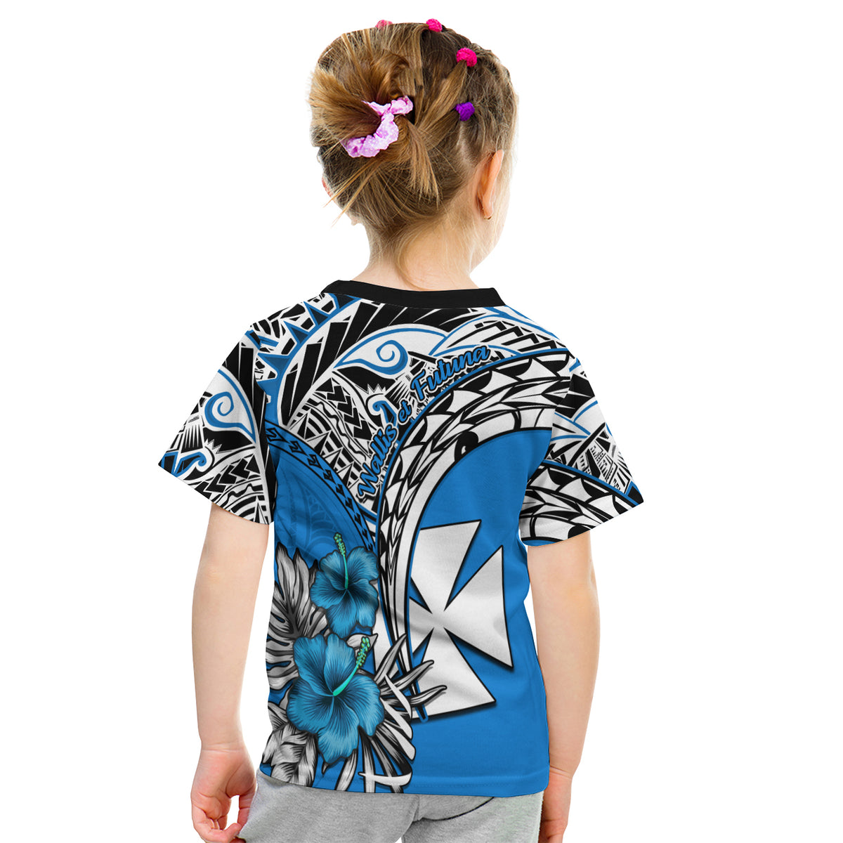 Wallis et Futuna T Shirt KID Polynesian Pattern and Hibiscus Flowers Version Blue LT13 - Polynesian Pride