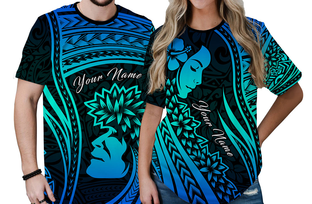 Custom Polynesian Valentine Couple T Shirt I LOVE YOU Hibiscus Style Blue LT13 - Polynesian Pride