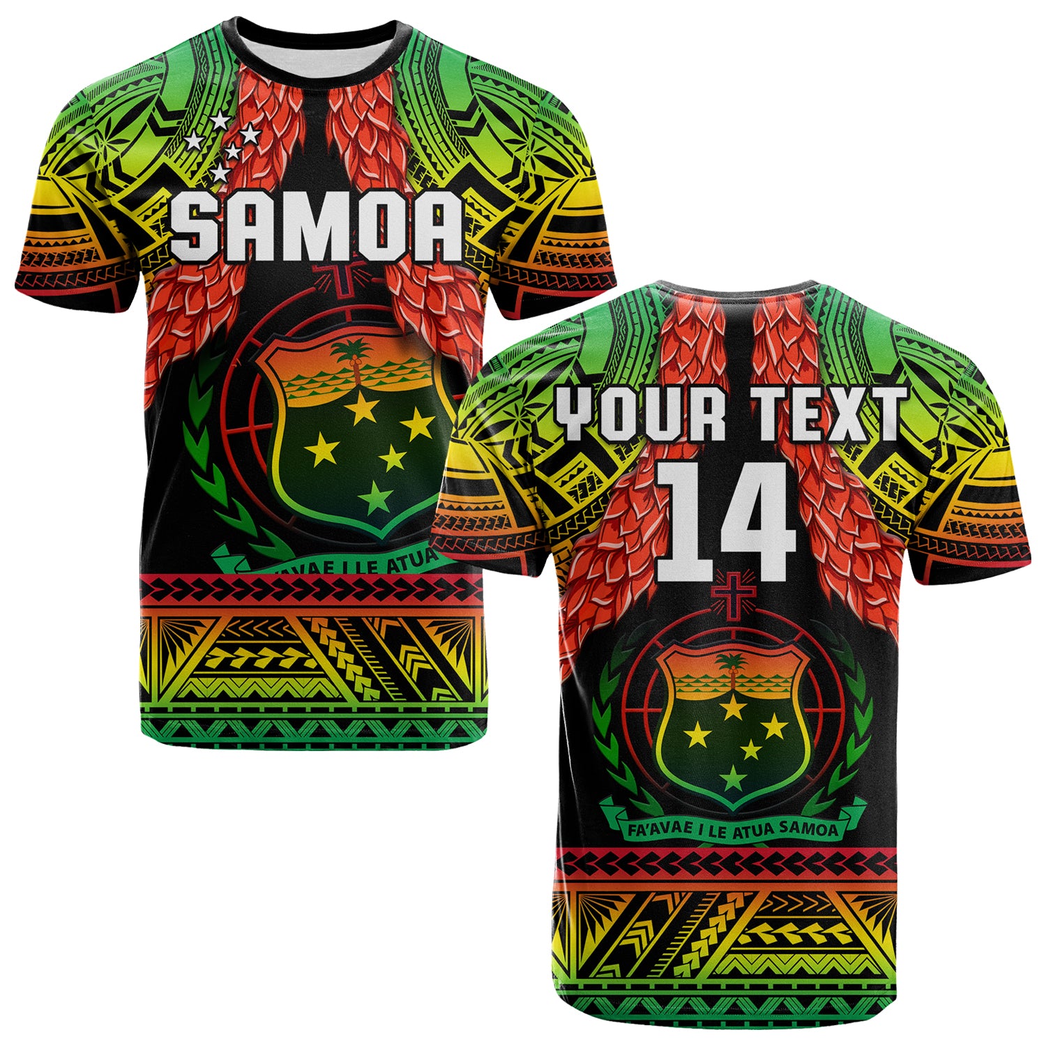 (Custom Text and Number) Samoa Rugby T Shirt Teuila Torch Ginger Gradient Style LT14 Adult Black - Polynesian Pride