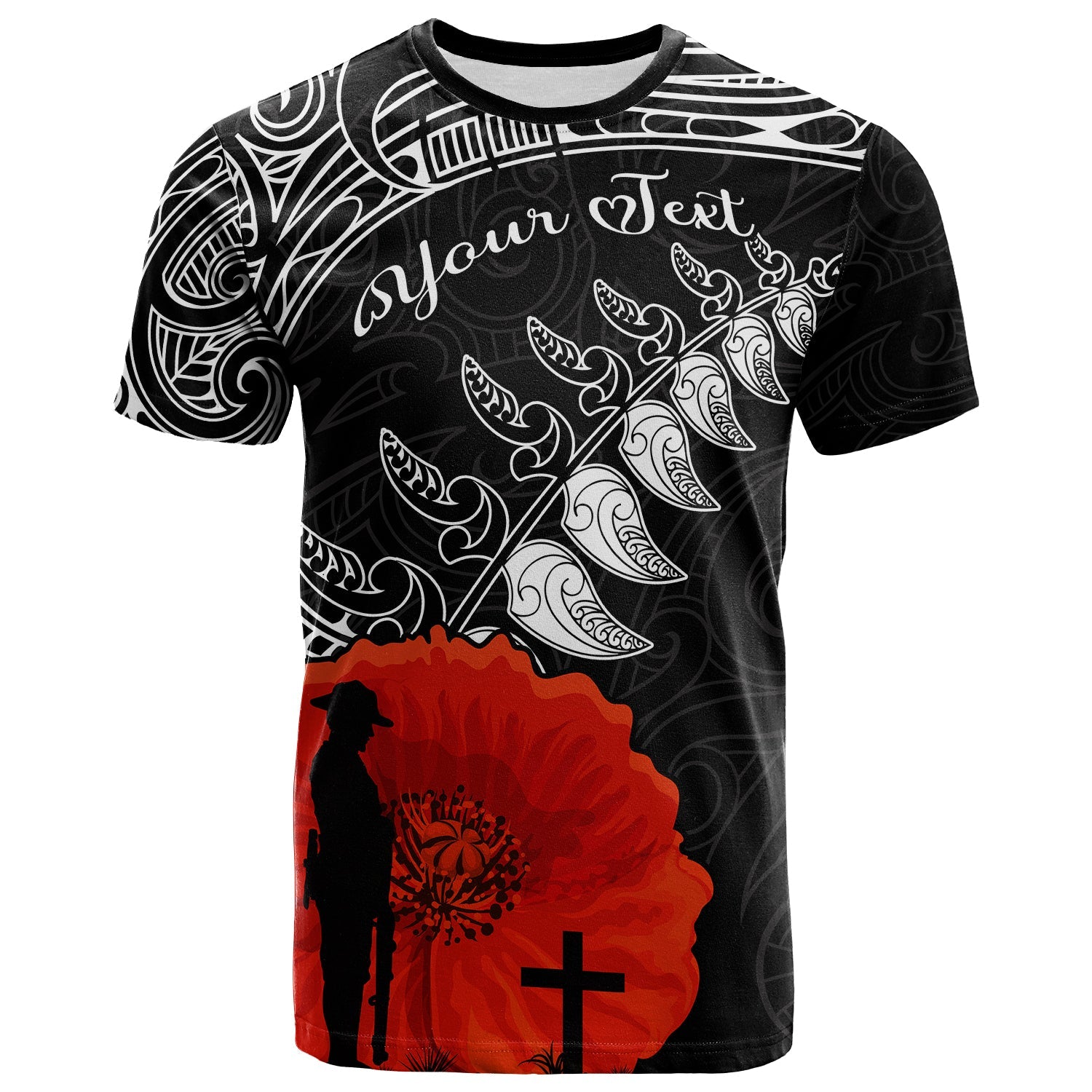 Custom New Zealand Anzac 2022 T Shirt Maori Mix Fern Poppy LT13 Black - Polynesian Pride