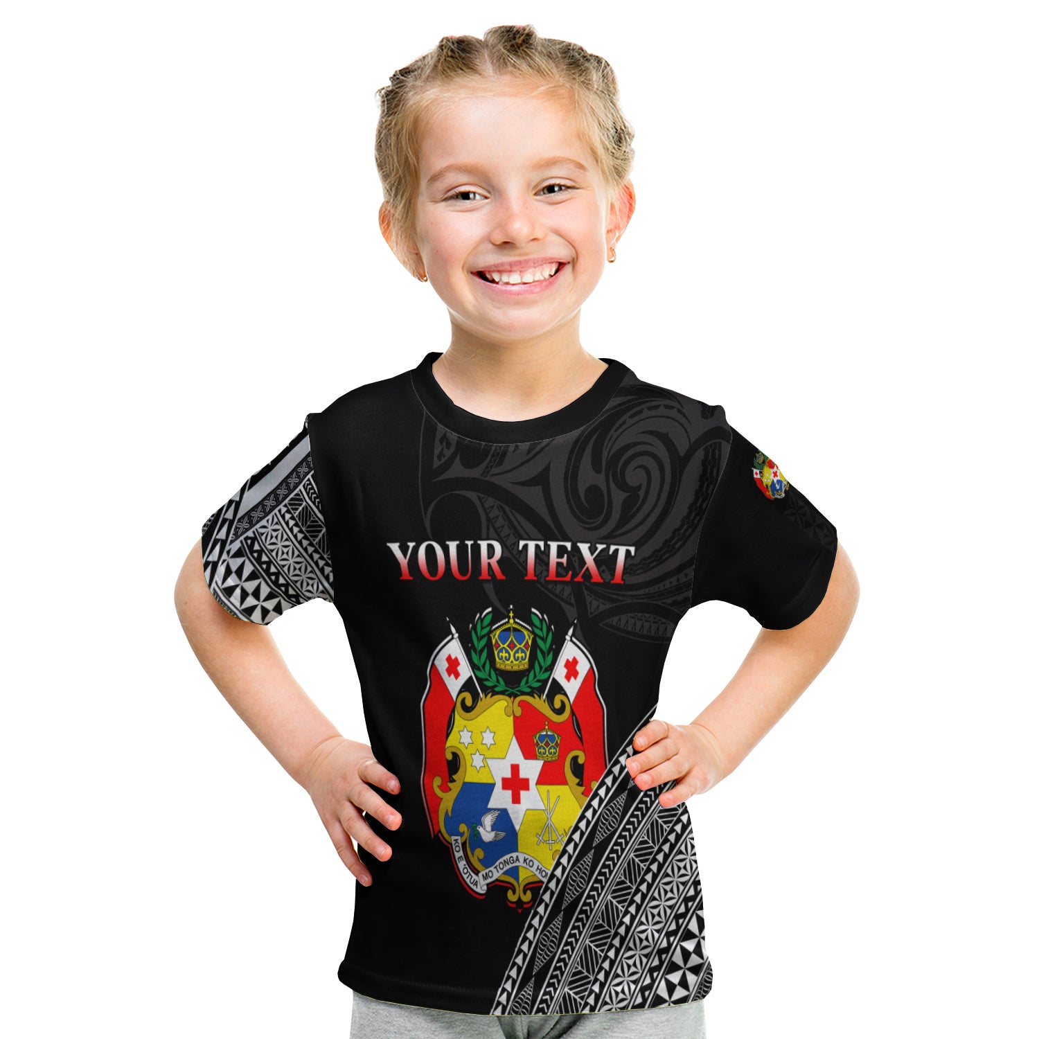 (Custom Personalised) Tonga T Shirt Kid Tongan Pattern Blithesome Version Black LT13 - Polynesian Pride