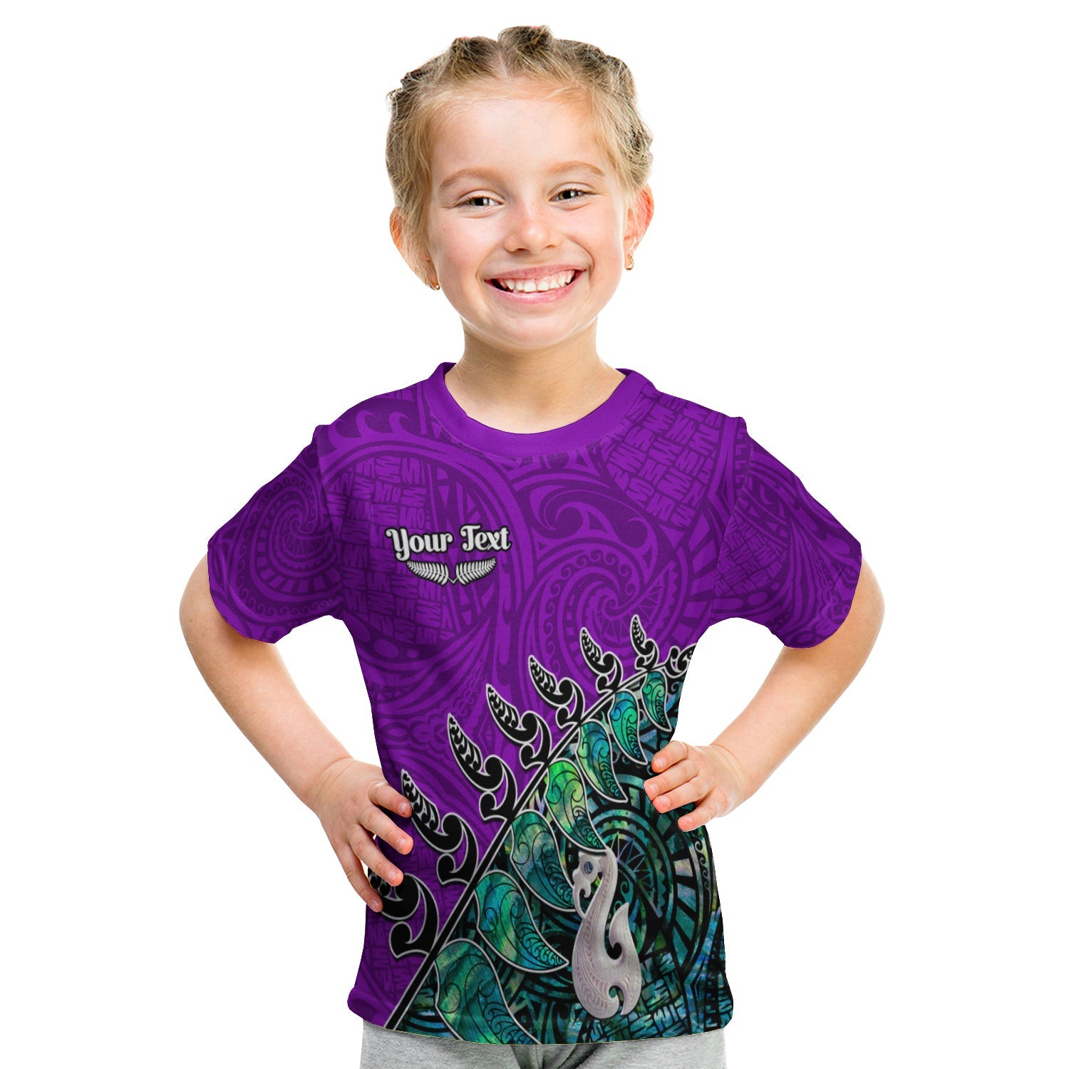 (Custom Personalised) New Zealand Maori T Shirt KID Fern and Manaia Version Purple LT13 - Polynesian Pride