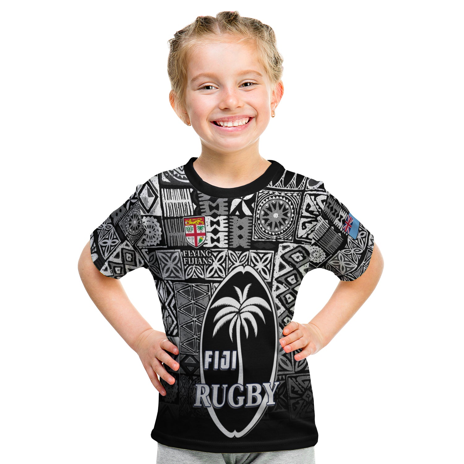 Fiji Rugby T Shirt Kid Flying Fijians Black Tapa Pattern LT13 - Polynesian Pride