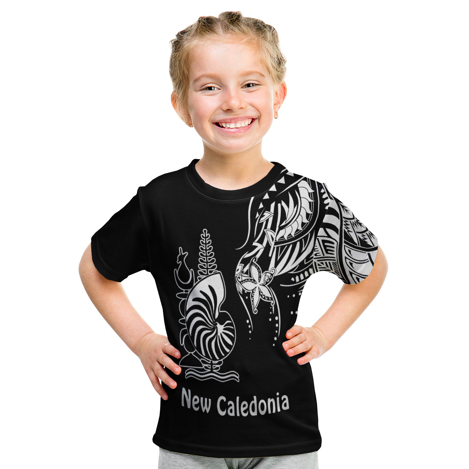 New Caledonia T Shirt Kid Emblem Nautilus Shell Version Black LT13 - Polynesian Pride