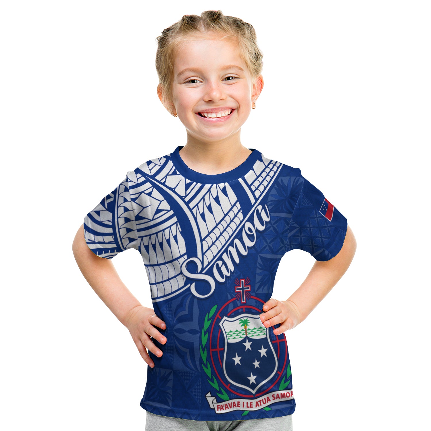 Samoa Siapo T Shirt KID Sporty Mix Barkcloth Panel LT13 - Polynesian Pride