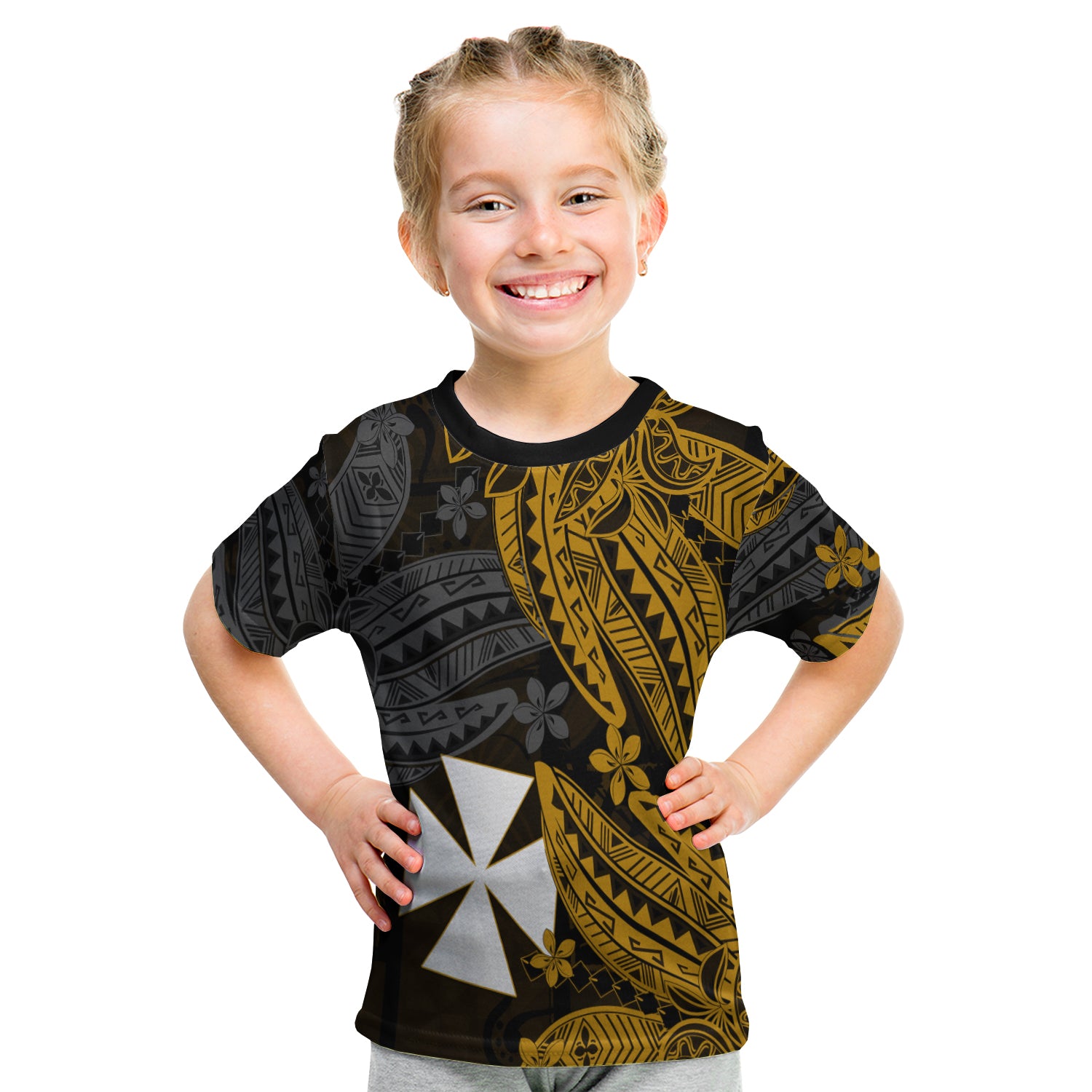 Wallis And Futuna T Shirt Kid Enjoy Polynesian Flowers Version Gold LT13 - Polynesian Pride