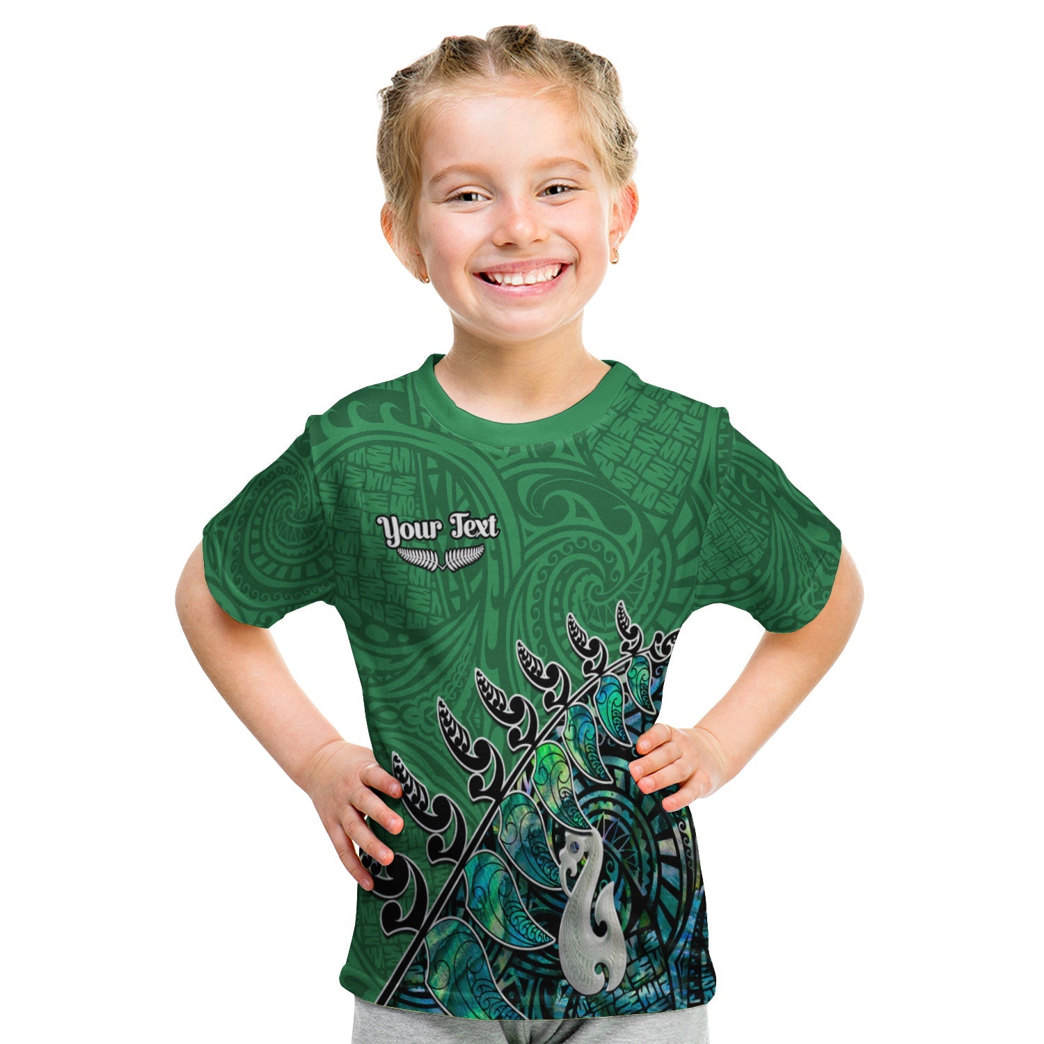 (Custom Personalised) New Zealand Maori T Shirt KID Fern and Manaia Version Green LT13 - Polynesian Pride