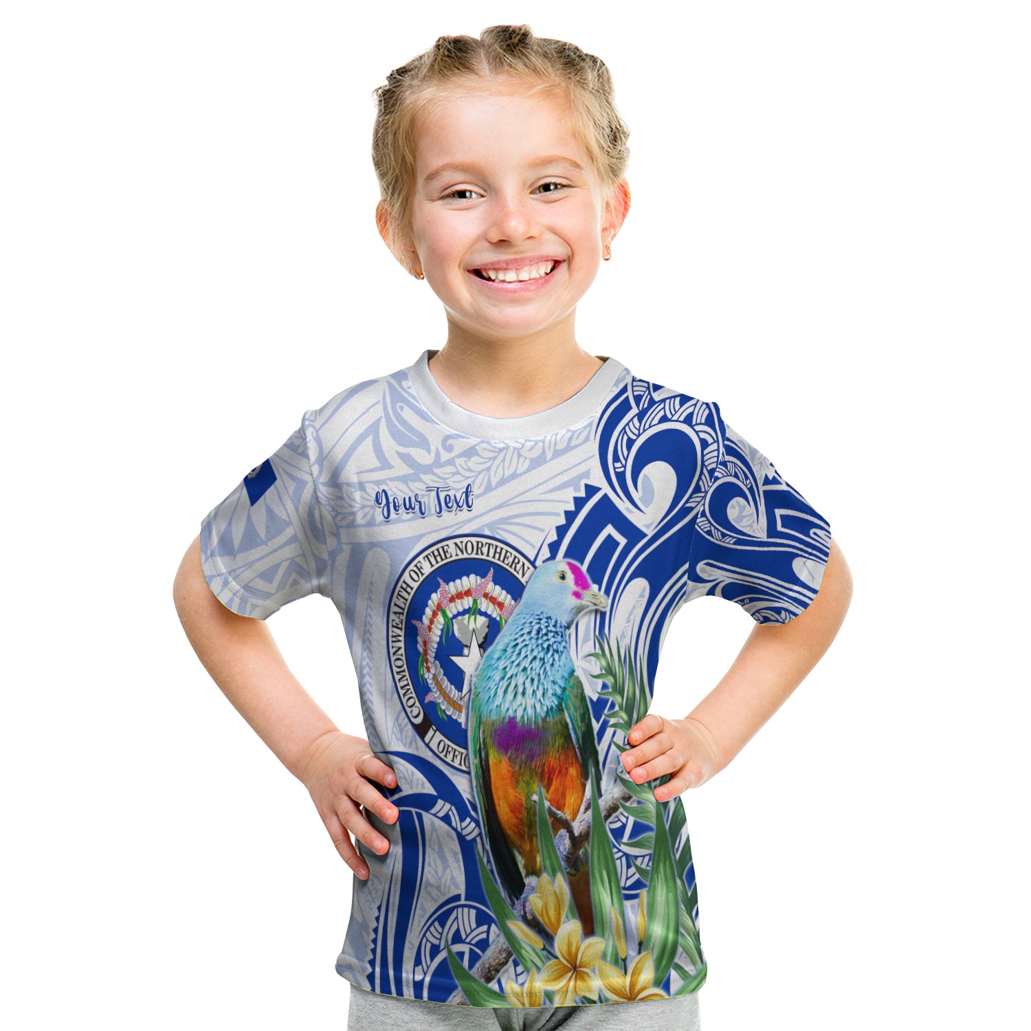 (Custom Personalised) Northern Mariana Islands T Shirt KID Mariana Fruit Dove Mix Frangipani Flowers White LT13 - Polynesian Pride