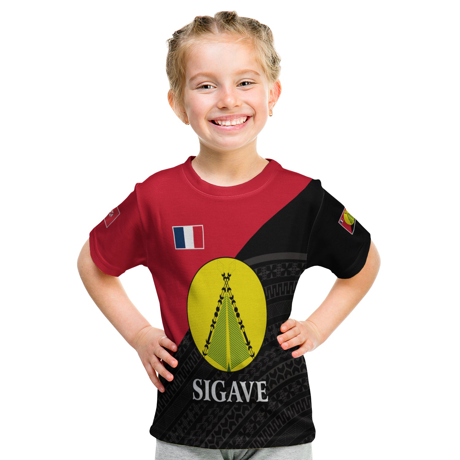 Sigave Chiefdom Wallis et Futuna T Shirt KID Polynesian Pattern and Flag LT13 - Polynesian Pride