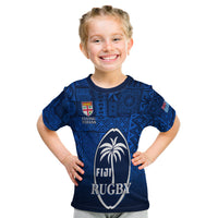 Fiji Rugby T Shirt Kid Flying Fijians Blue Tapa Pattern LT13 Youth XL Size14 - Polynesian Pride