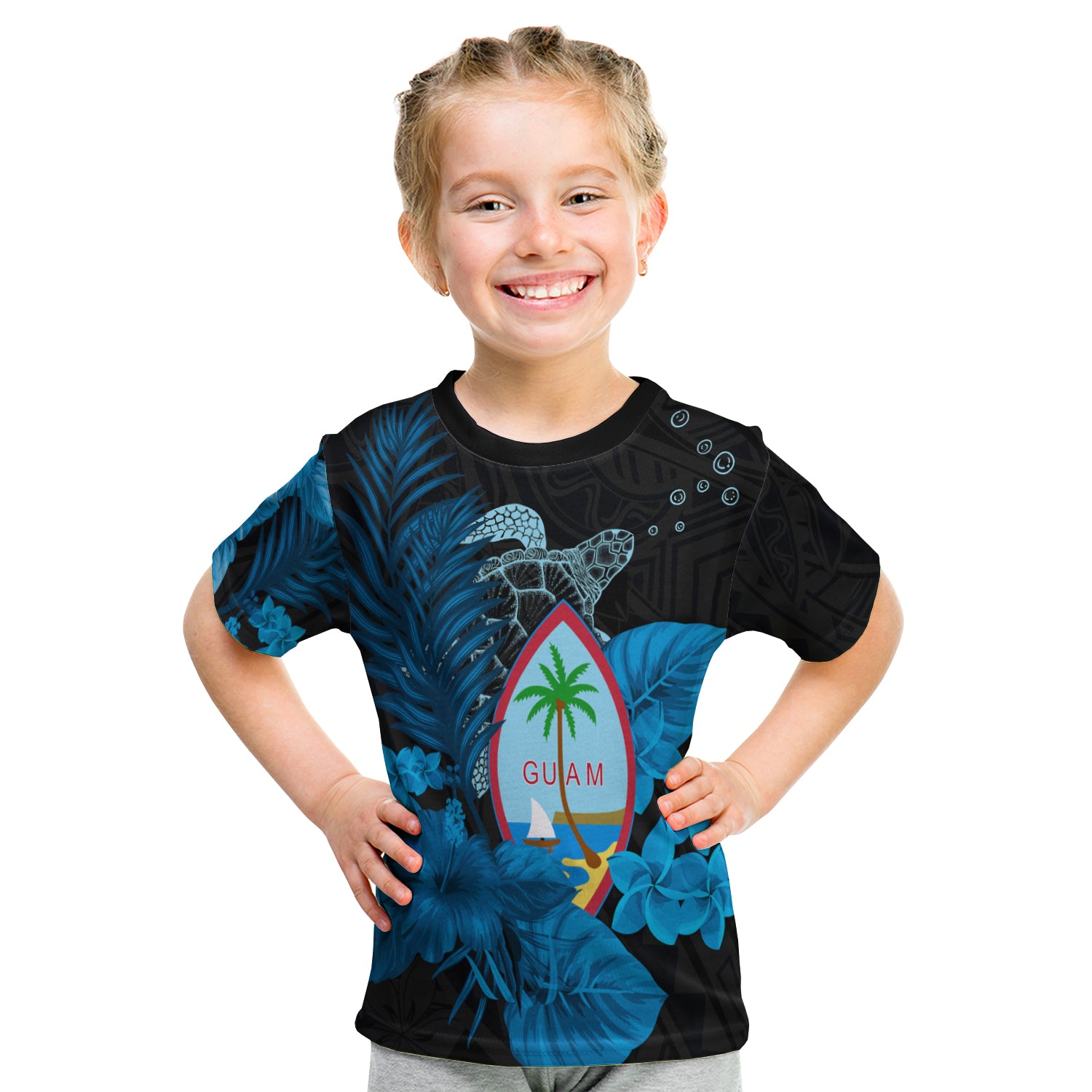 Guam Seal T Shirt Kid Polynesian Turtle With Flowers Version Blue LT13 - Polynesian Pride
