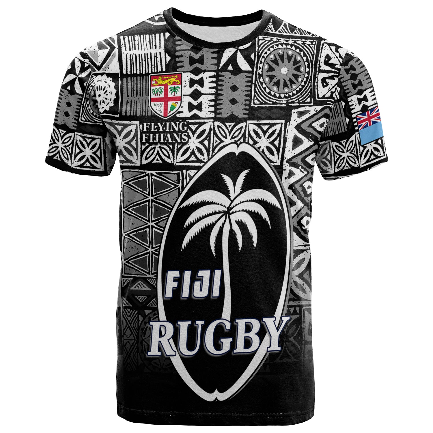 Fiji Rugby T Shirt Flying Fijians Black Tapa Pattern LT13 Unisex Black - Polynesian Pride