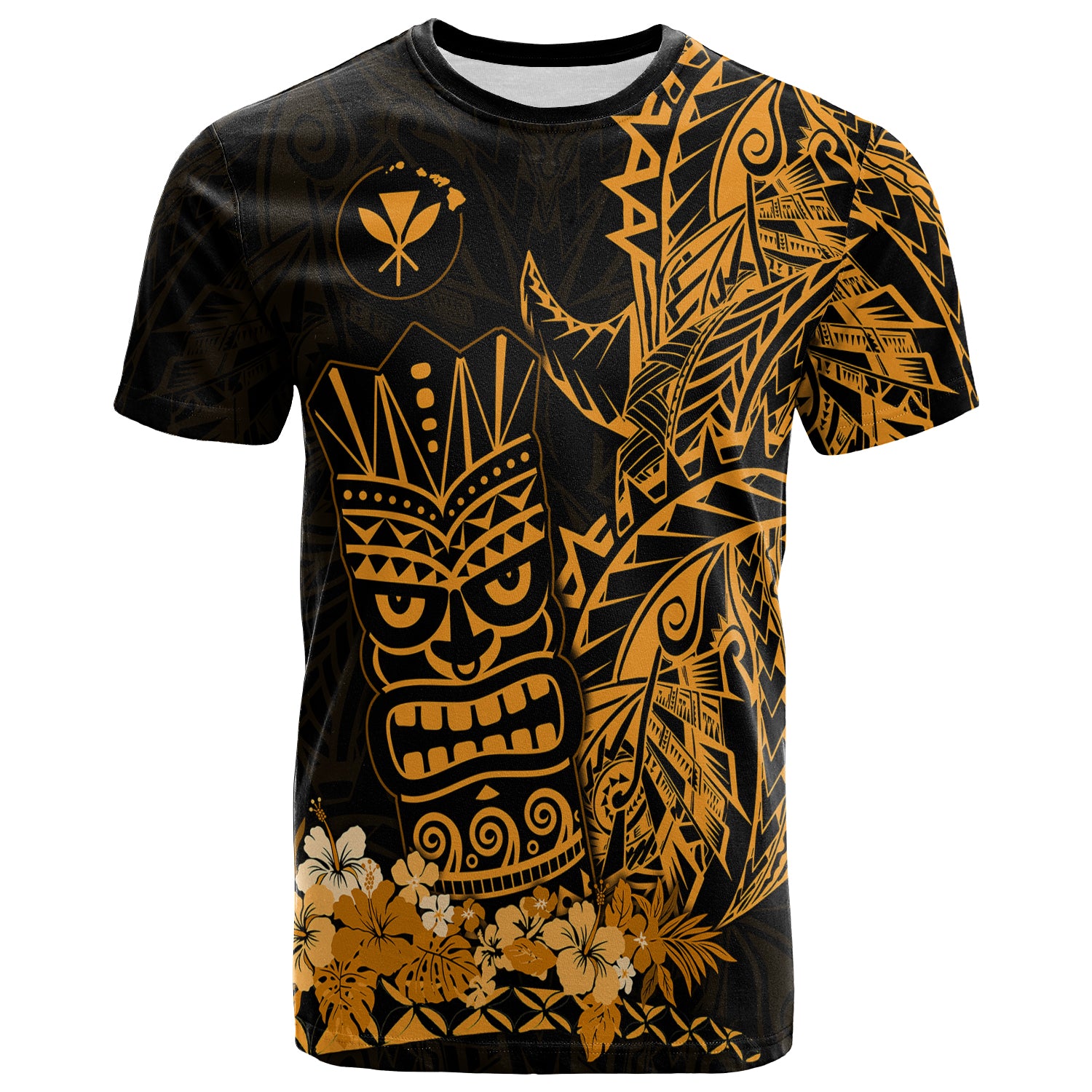 Hawaii Polynesian T Shirt Gold Tiki Masks Hawaiian LT13 Unisex Gold - Polynesian Pride