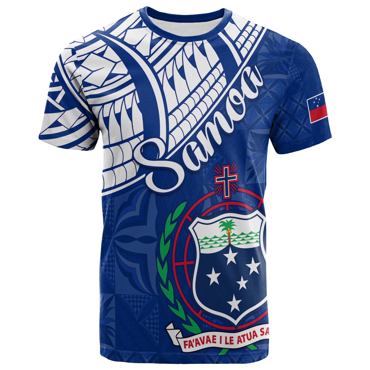 Samoa Siapo T Shirt Sporty Mix Barkcloth Panel LT13 Adult Blue - Polynesian Pride