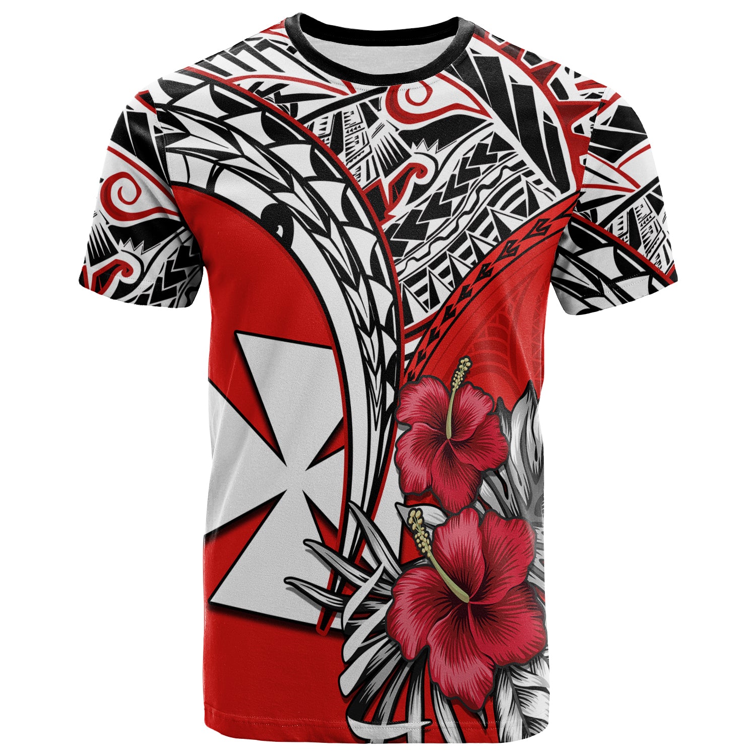 Custom Wallis et Futuna T Shirt Polynesian Pattern and Hibiscus Flowers Version Red LT13 Unisex Red - Polynesian Pride