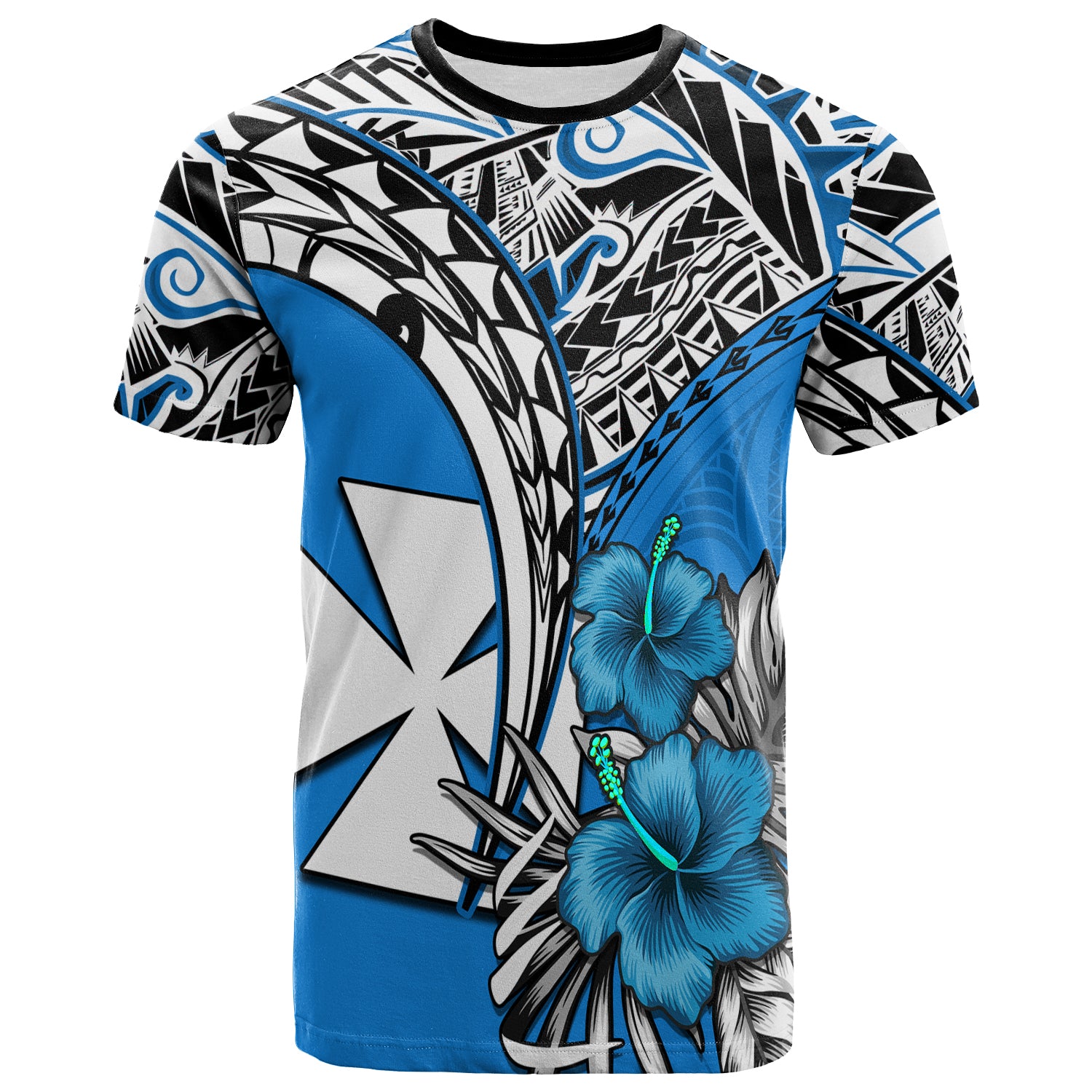 Custom Wallis et Futuna T Shirt Polynesian Pattern and Hibiscus Flowers Version Blue LT13 Unisex Blue - Polynesian Pride