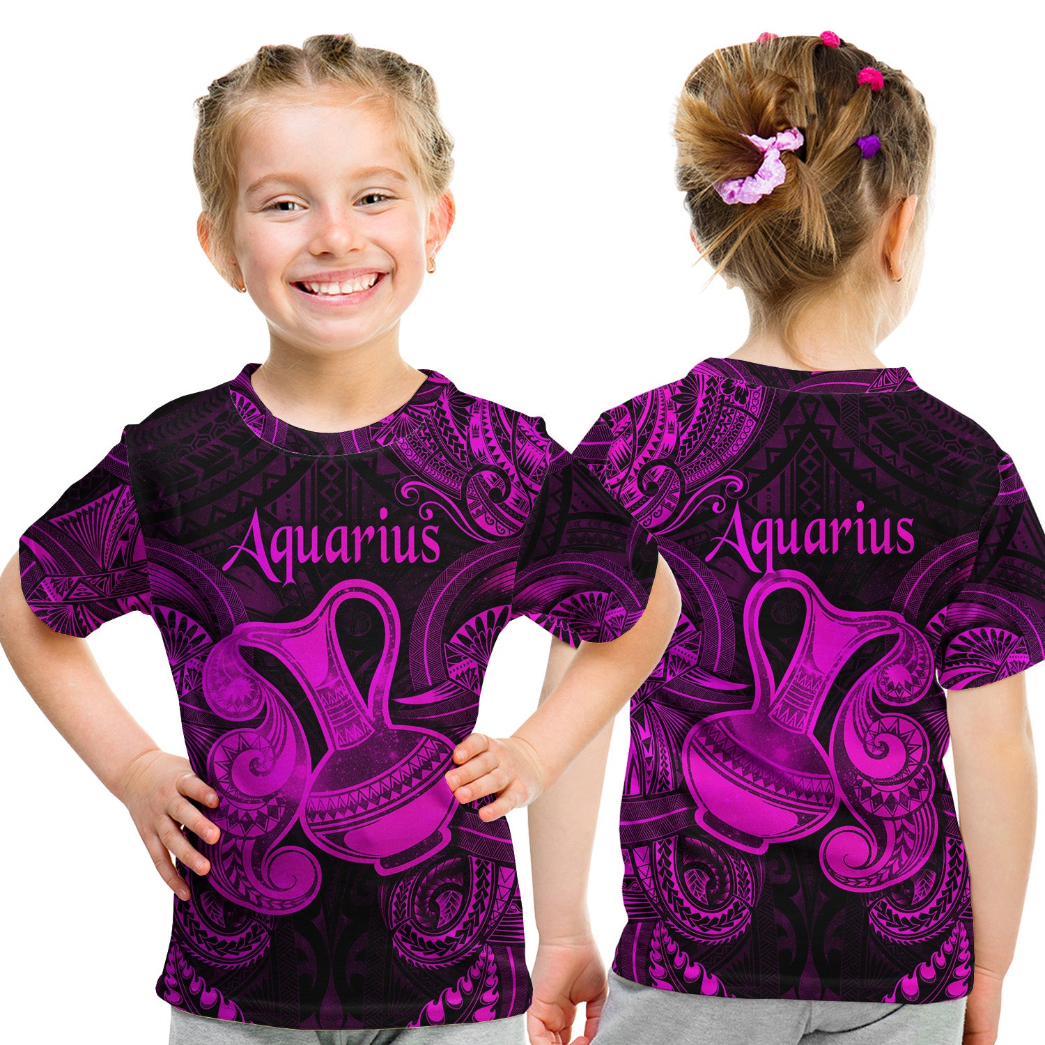 Aquarius Zodiac Polynesian T Shirt Kid Unique Style - Pink LT8 Youth XL Size14 - Polynesian Pride