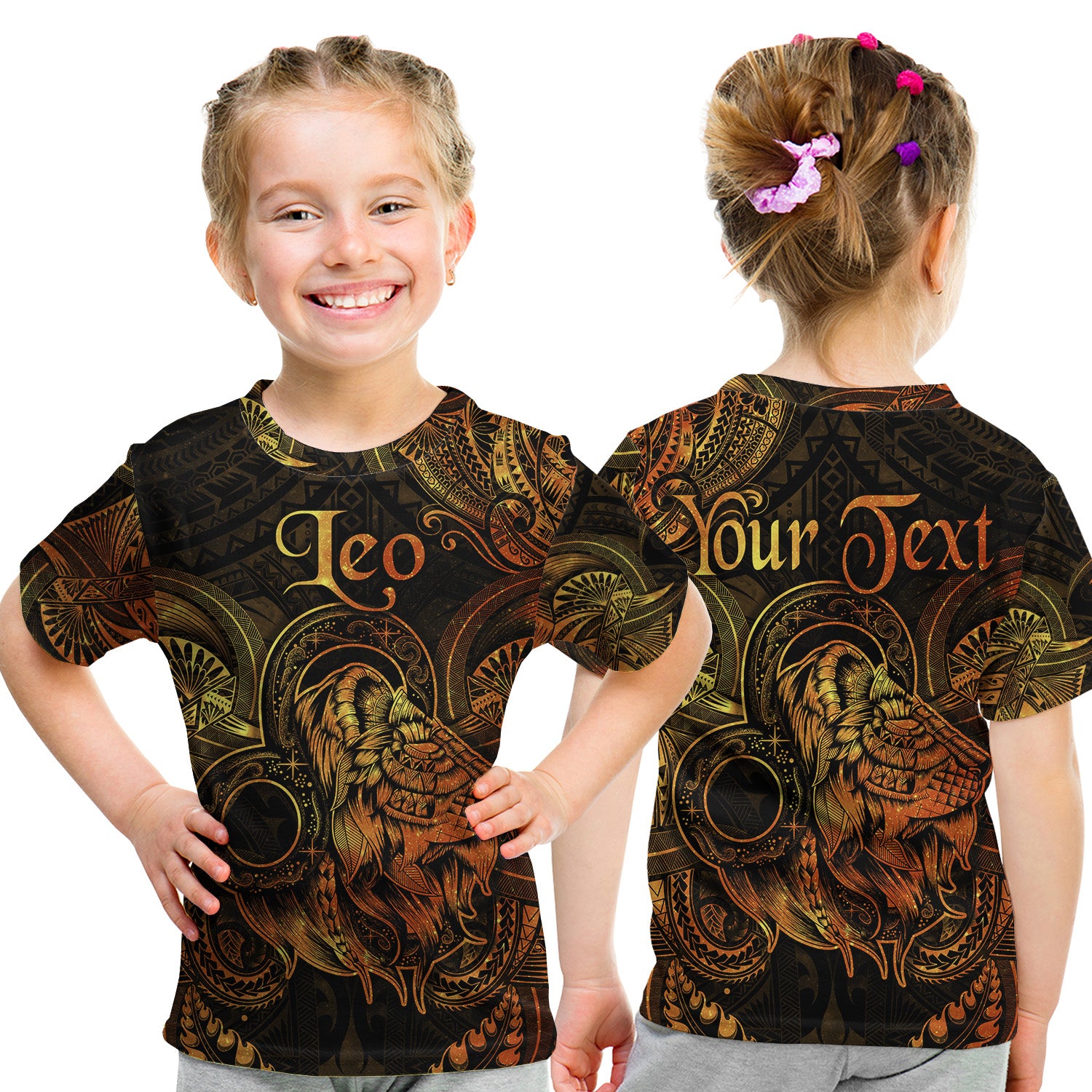 (Custom Personalised) Leo Zodiac Polynesian T Shirt Kid Unique Style - Gold LT8 - Polynesian Pride