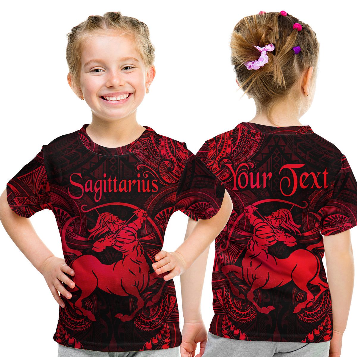 (Custom Personalised) Sagittarius Zodiac Polynesian T Shirt Kid Unique Style - Red LT8 Youth XL Size14 - Polynesian Pride