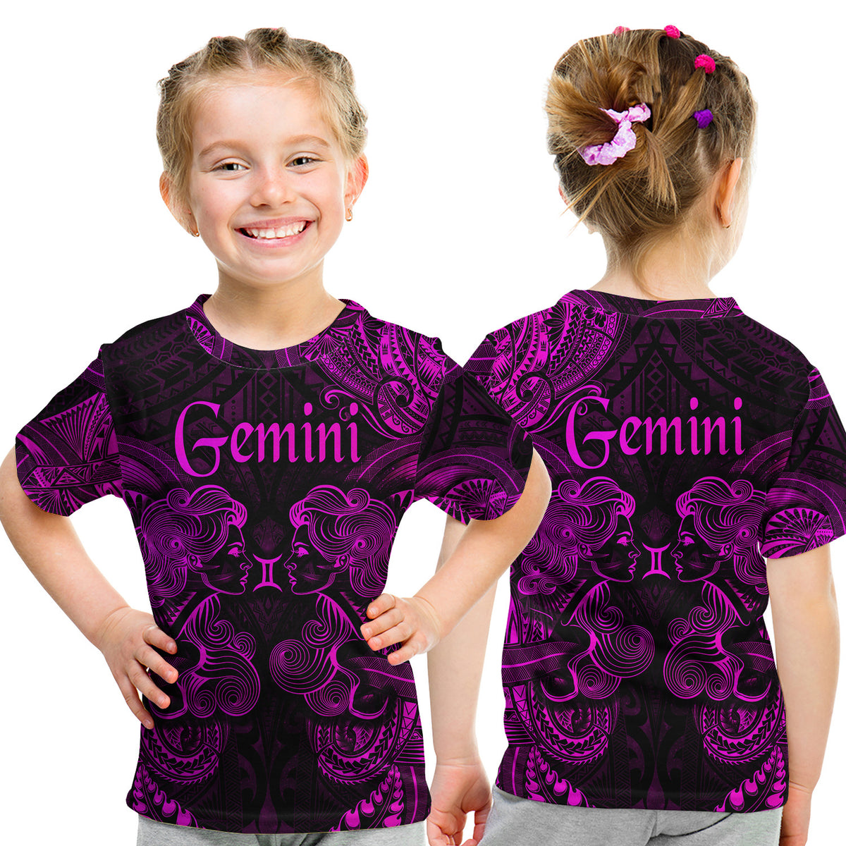 Gemini Zodiac Polynesian T Shirt Kid Unique Style - Pink LT8 Youth XL Size14 - Polynesian Pride