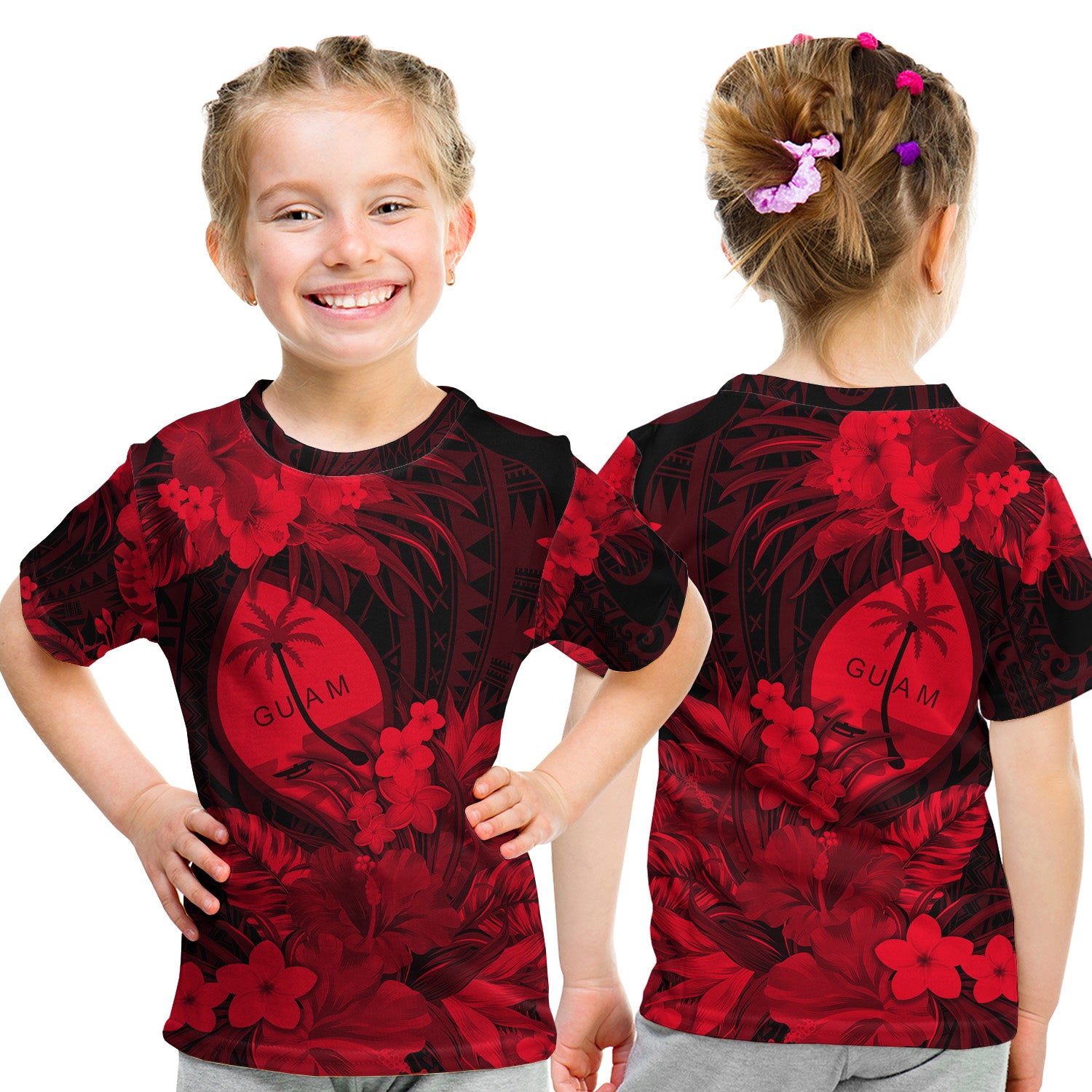 Guam Polynesian T Shirt KID Tropical Flowers - Red LT8 - Polynesian Pride