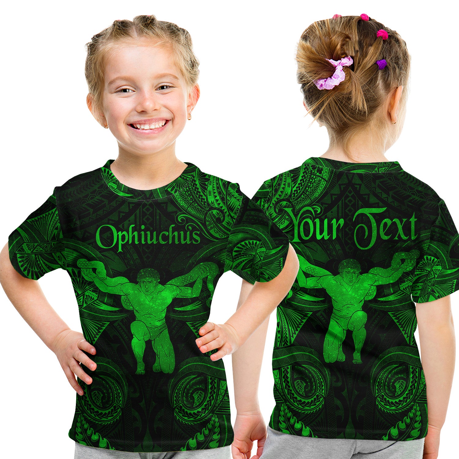 (Custom Personalised) Ophiuchus Zodiac Polynesian T Shirt Kid Unique Style - Green LT8 Youth XL Size14 - Polynesian Pride