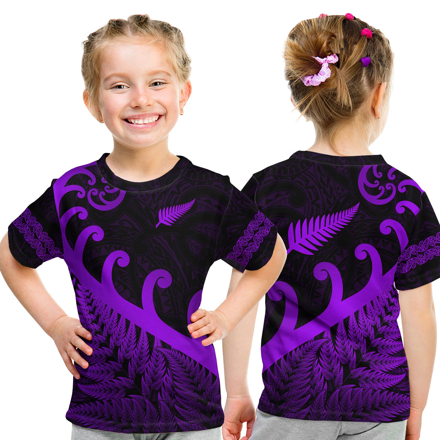 New Zealand Rugby Maori T Shirt Kid Silver Fern Koru Vibes - Purple LT8 - Polynesian Pride