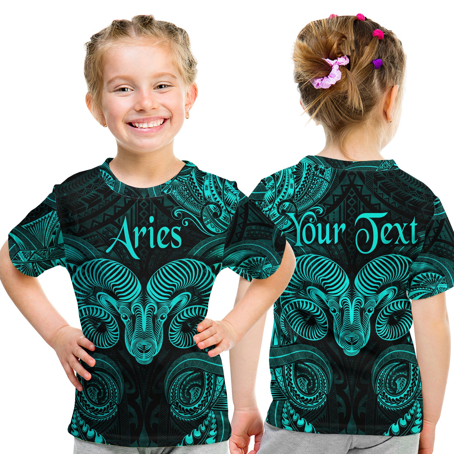 (Custom Personalised) Aries Zodiac Polynesian T Shirt Kid Unique Style - Turquoise LT8 - Polynesian Pride