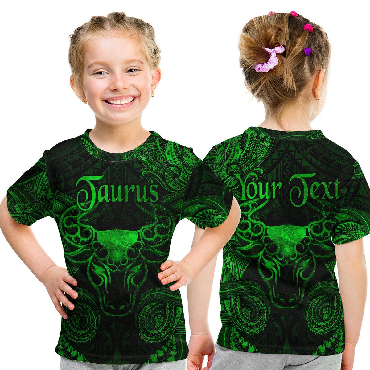 (Custom Personalised) Taurus Zodiac Polynesian T Shirt Kid Unique Style - Green LT8 Youth XL Size14 - Polynesian Pride
