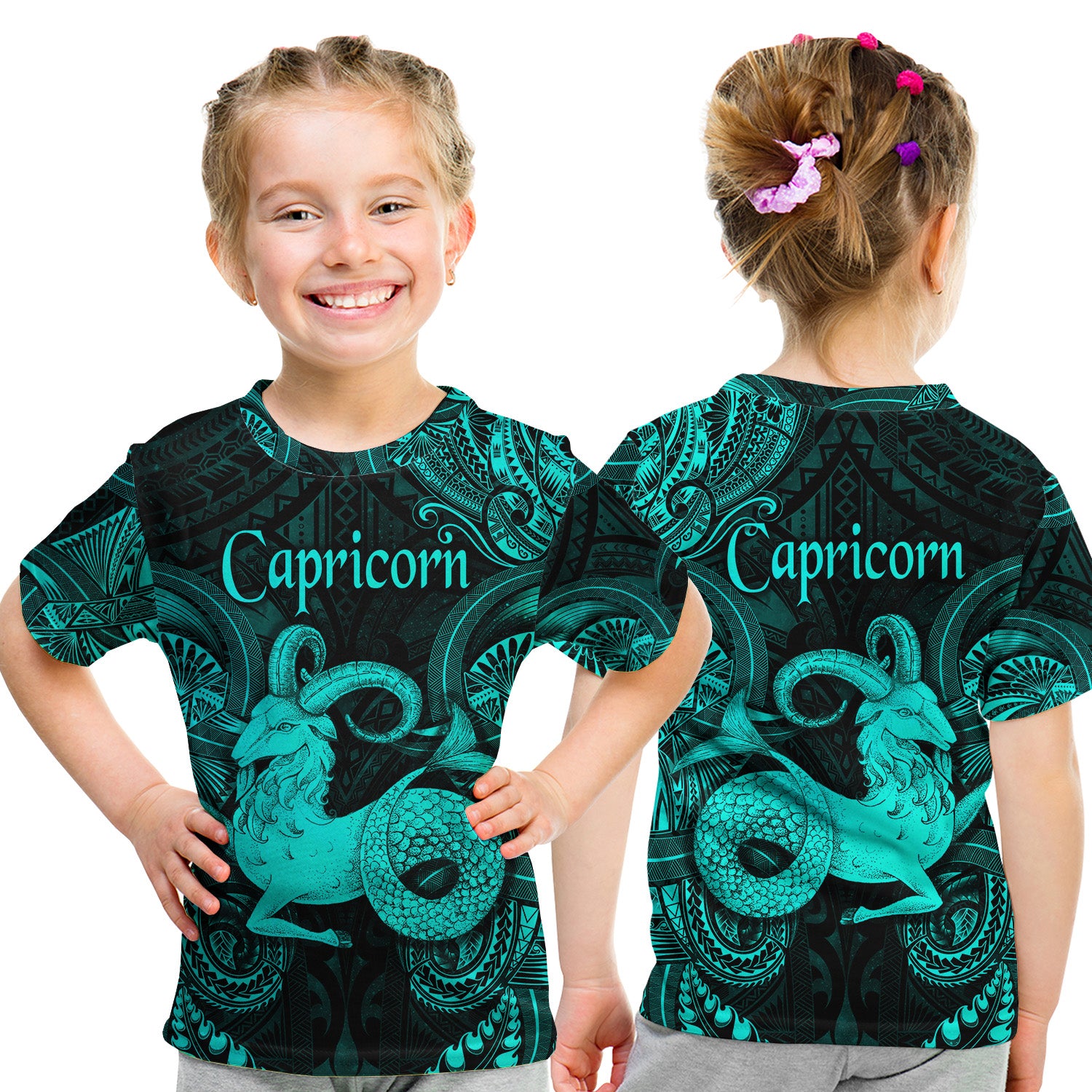 Capricorn Zodiac Polynesian T Shirt Kid Unique Style - Turquoise LT8 Youth XL Size14 - Polynesian Pride