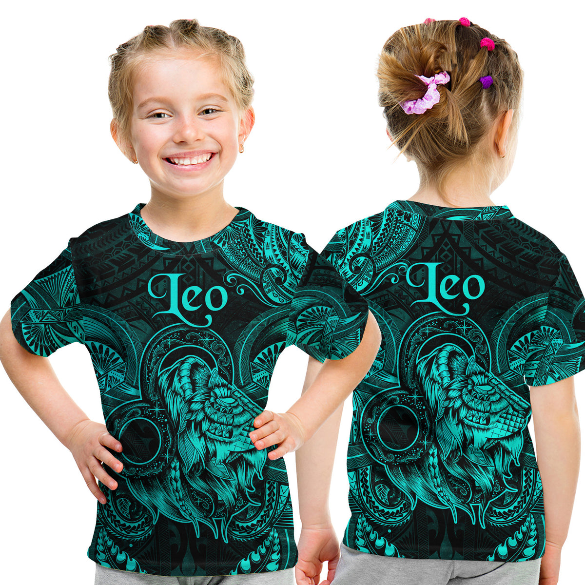 Leo Zodiac Polynesian T Shirt Kid Unique Style - Turquoise LT8 Youth XL Size14 - Polynesian Pride