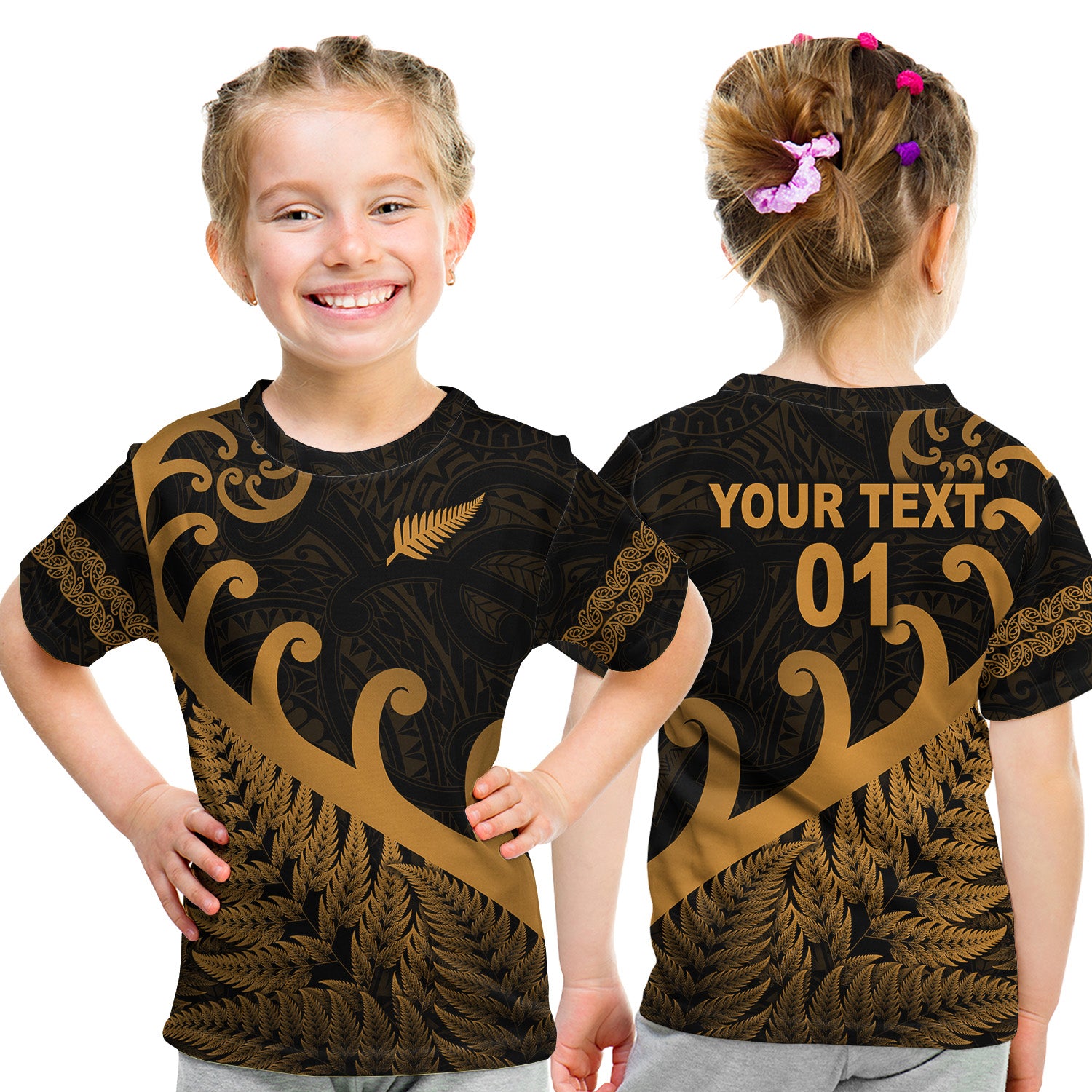 (Custom Personalised) New Zealand Rugby Maori T Shirt Kid Silver Fern Koru Vibes - Gold LT8 - Polynesian Pride