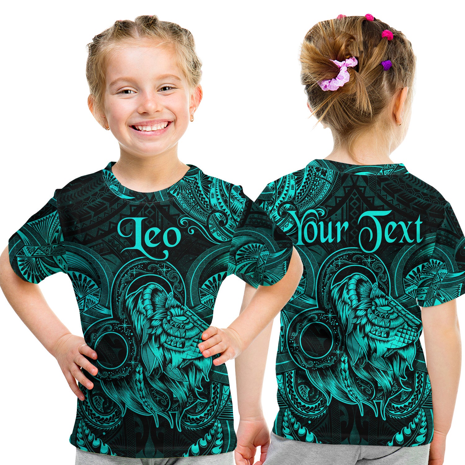 (Custom Personalised) Leo Zodiac Polynesian T Shirt Kid Unique Style - Turquoise LT8 - Polynesian Pride