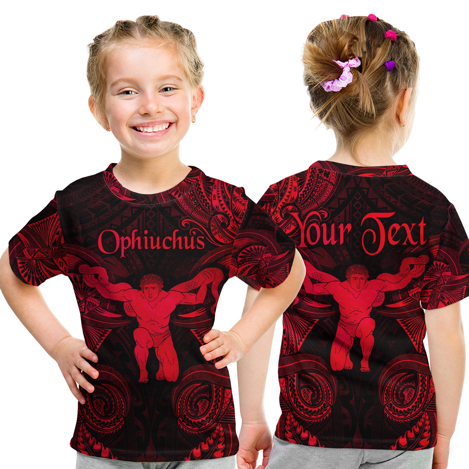 (Custom Personalised) Ophiuchus Zodiac Polynesian T Shirt Kid Unique Style - Red LT8 Youth XL Size14 - Polynesian Pride