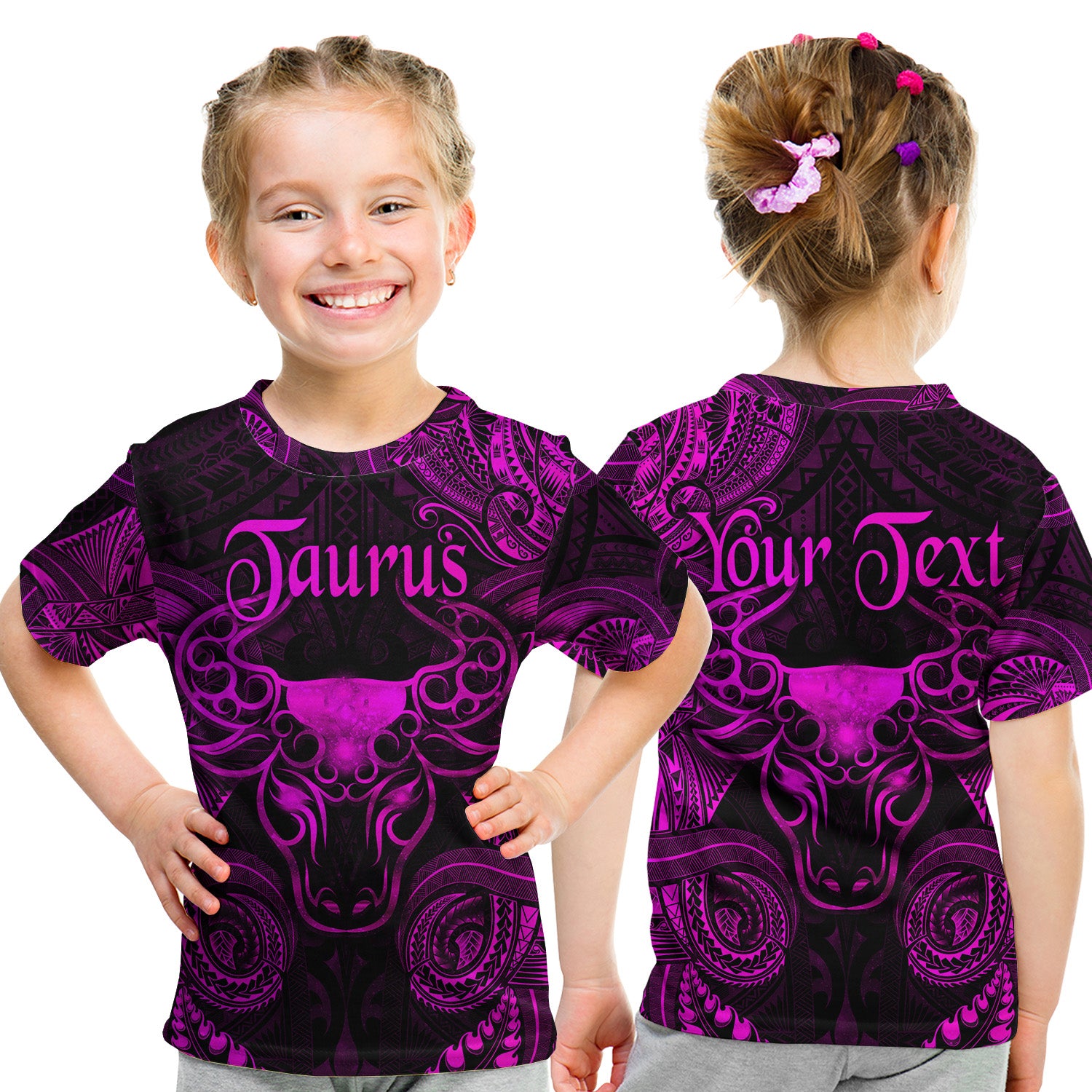 (Custom Personalised) Taurus Zodiac Polynesian T Shirt Kid Unique Style - Pink LT8 Youth XL Size14 - Polynesian Pride