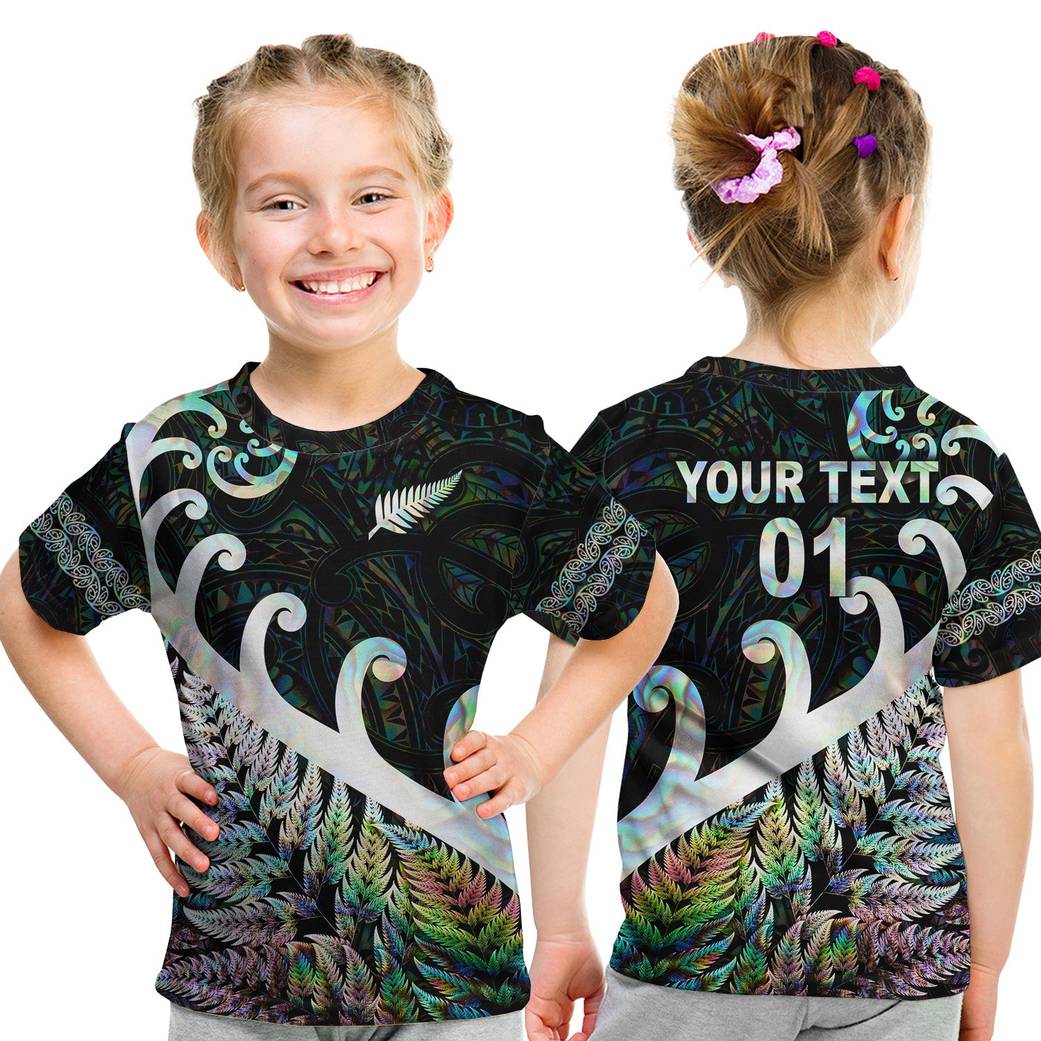 (Custom Personalised) New Zealand Rugby Maori T Shirt Kid Silver Fern Koru Vibes - Paua Shell LT8 - Polynesian Pride