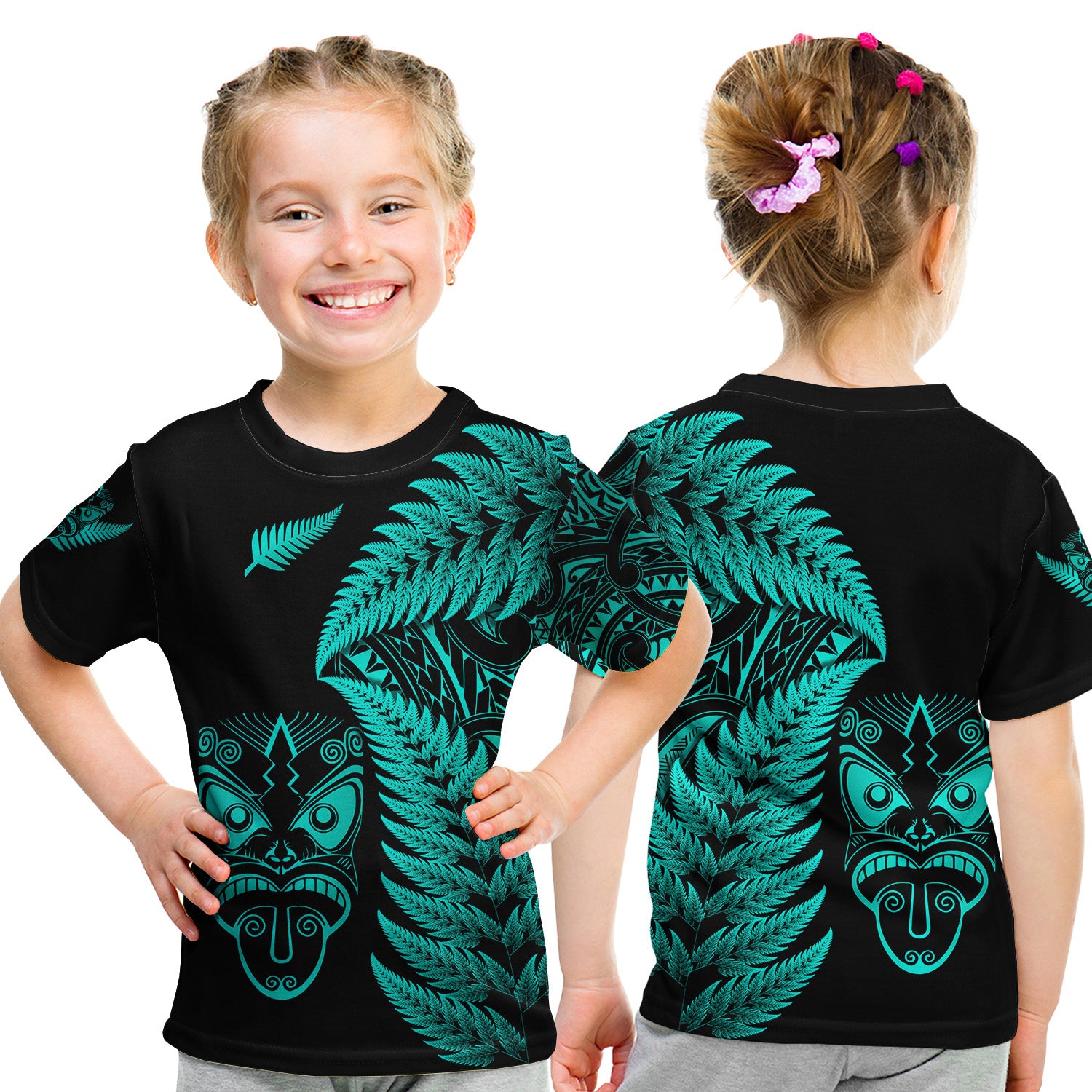 New Zealand Haka Rugby Maori T Shirt Kid Silver Fern Vibes - Turquoise LT8 - Polynesian Pride