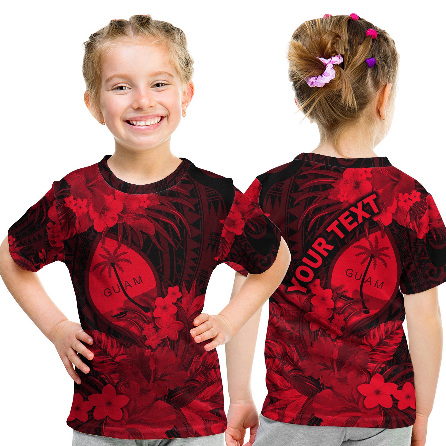 (Custom Personalised) Guam Polynesian T Shirt KID Tropical Flowers - Red LT8 - Polynesian Pride