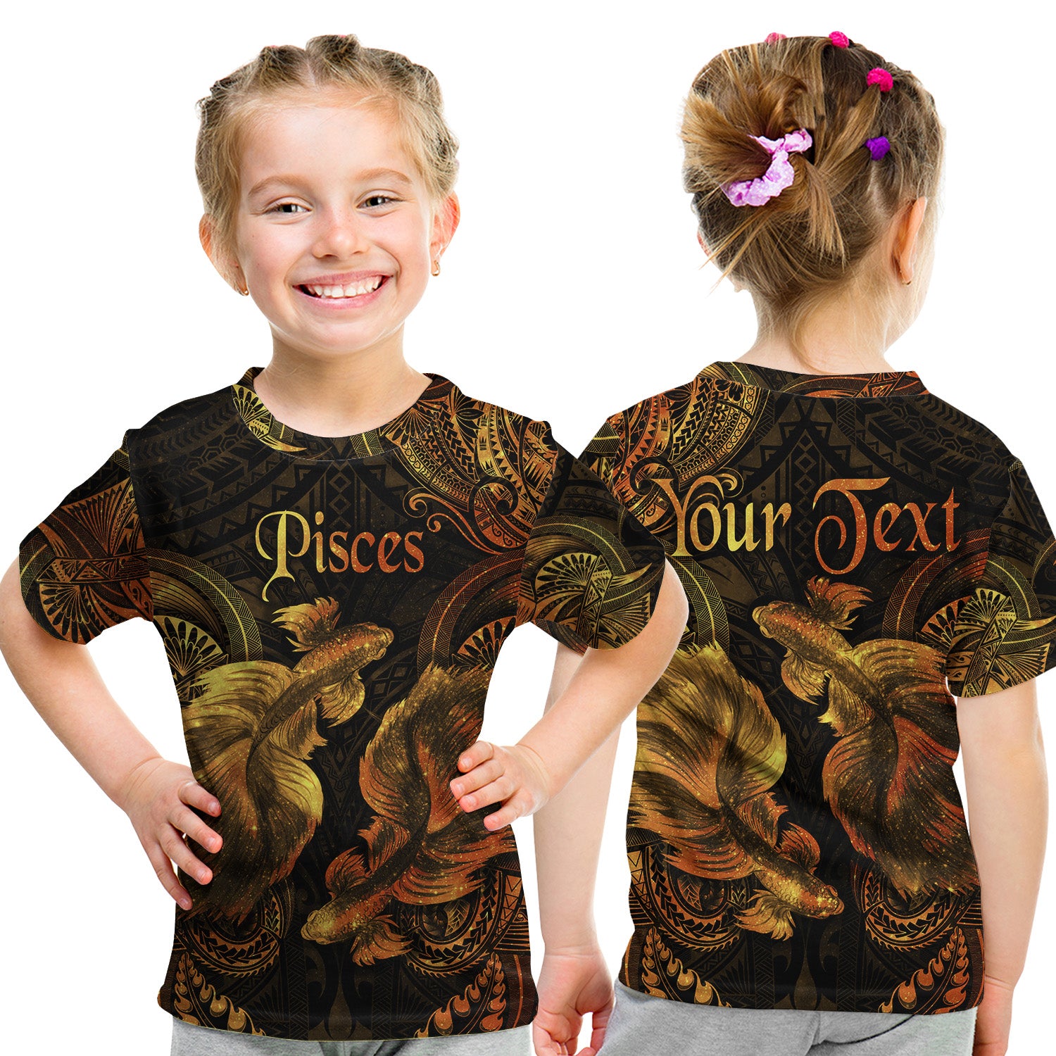 (Custom Personalised) Pisces Zodiac Polynesian T Shirt Kid Unique Style - Gold LT8 - Polynesian Pride