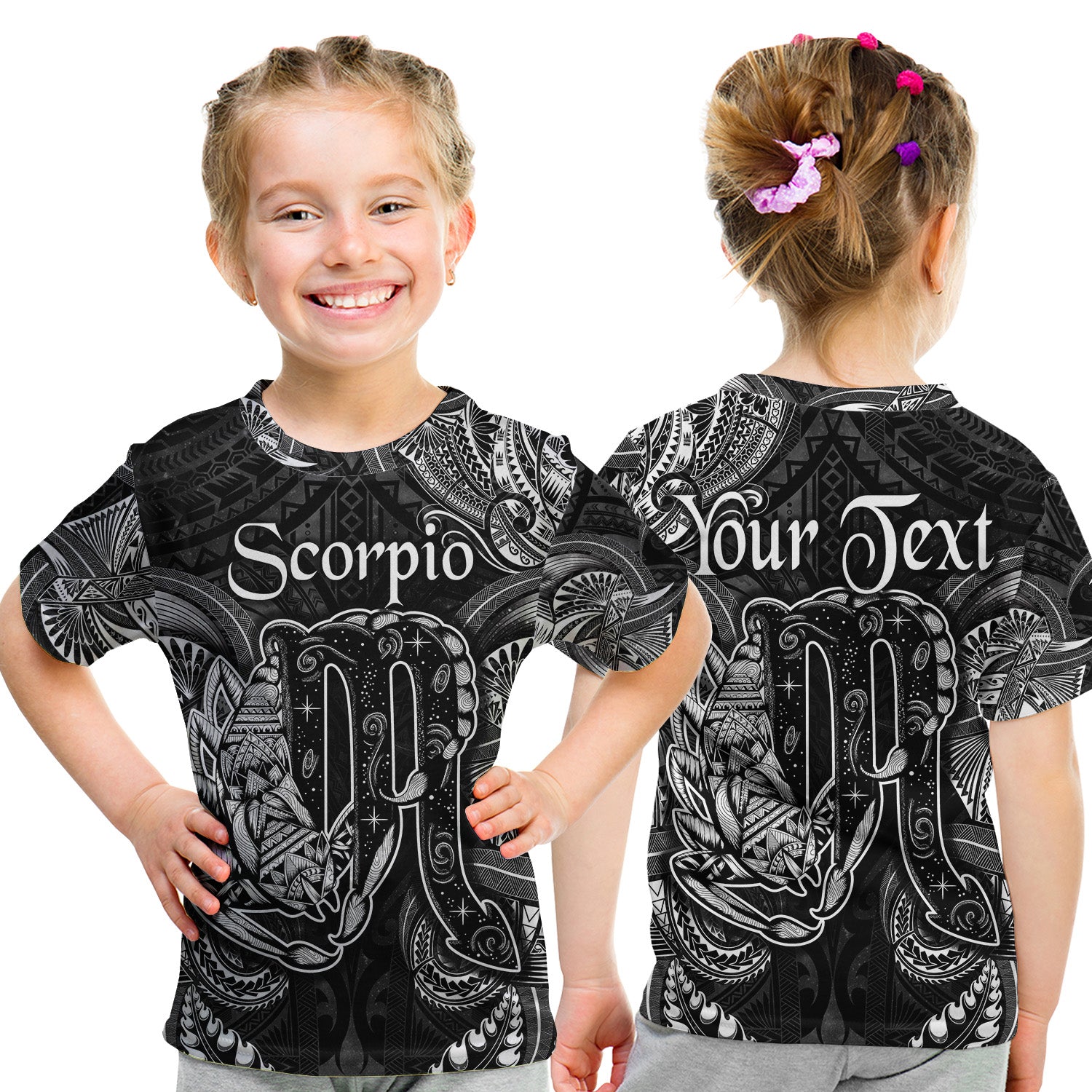 (Custom Personalised) Scorpio Zodiac Polynesian T Shirt Kid Unique Style - Black LT8 Youth XL Size14 - Polynesian Pride