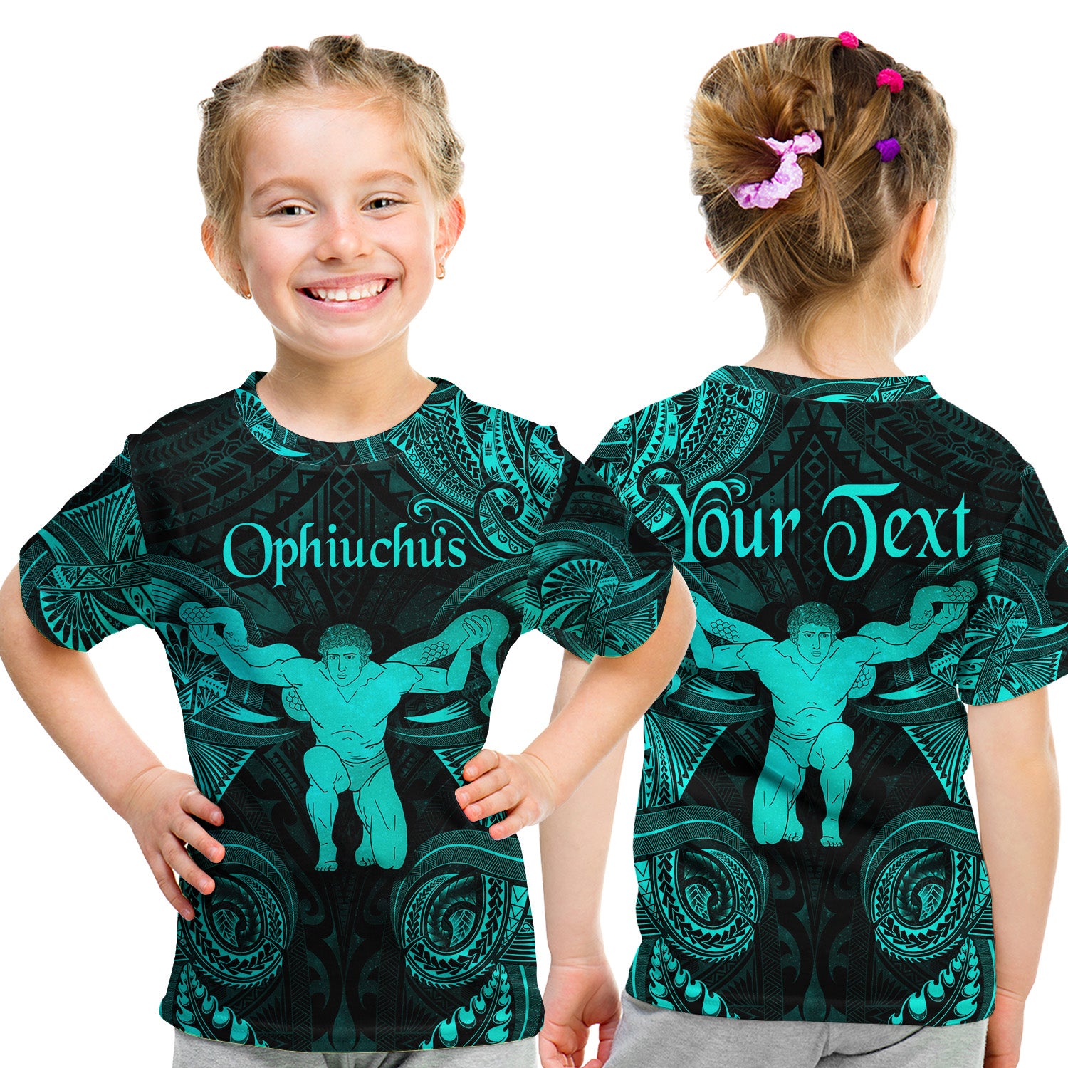 (Custom Personalised) Ophiuchus Zodiac Polynesian T Shirt Kid Unique Style - Turquoise LT8 Youth XL Size14 - Polynesian Pride