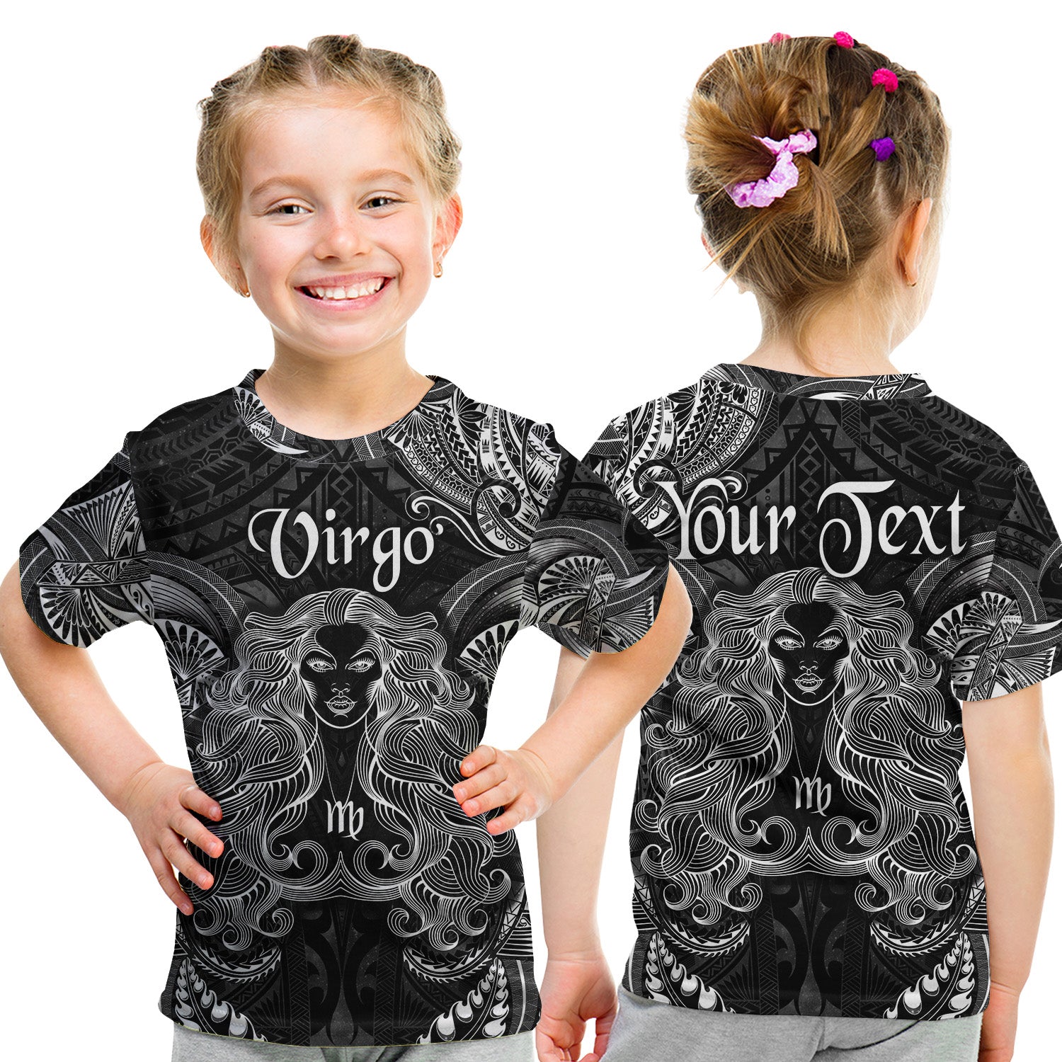 (Custom Personalised) Virgo Zodiac Polynesian T Shirt Kid Unique Style - Black LT8 Youth XL Size14 - Polynesian Pride