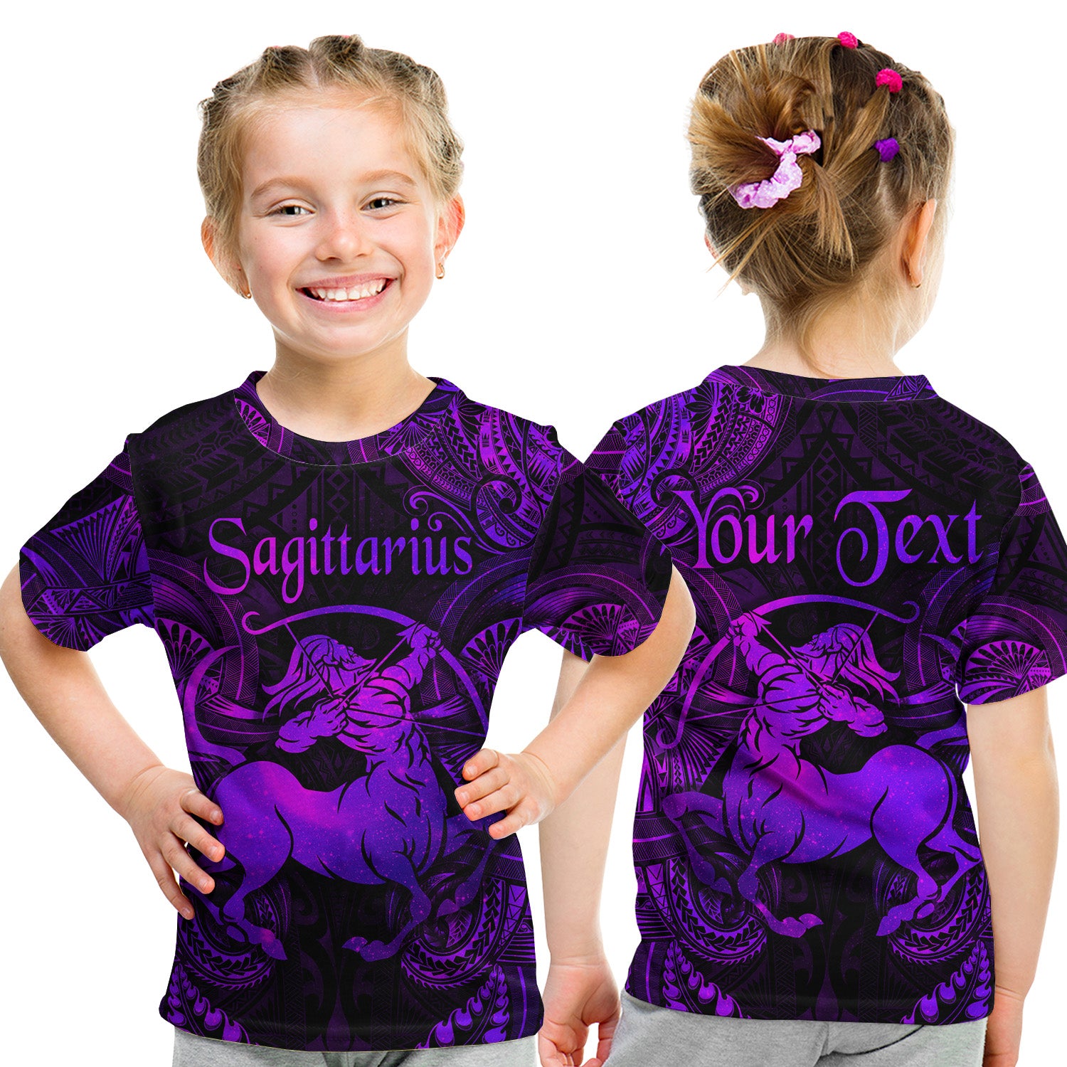 (Custom Personalised) Sagittarius Zodiac Polynesian T Shirt Kid Unique Style - Purple LT8 Youth XL Size14 - Polynesian Pride